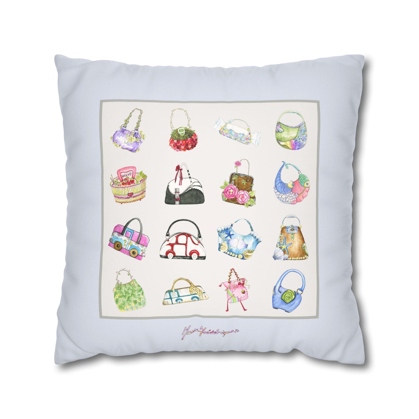 Handbag Illustration Faux Suede Pillowcase — Decorative Square Throw Pillow by artist Marie Frederique
