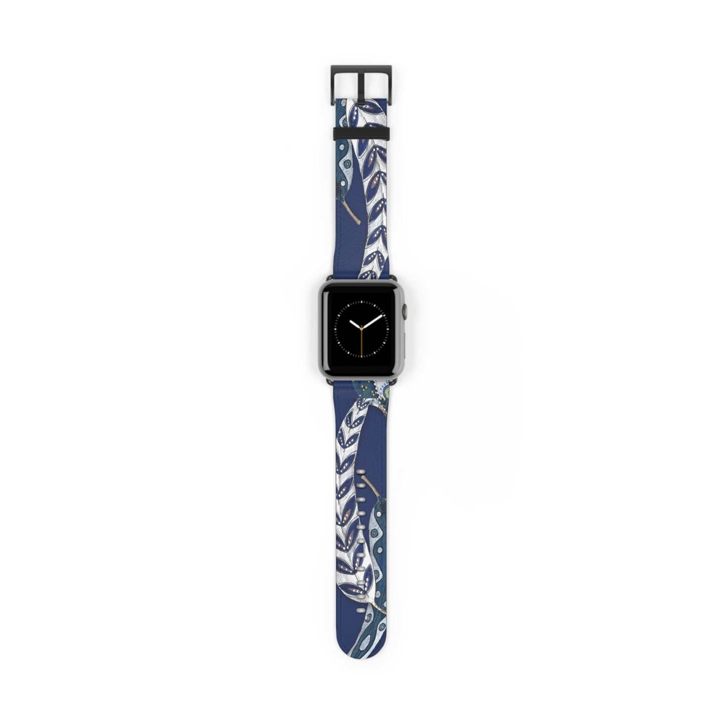 Blue Planet Series, Navy and White painted leaves on faux leather Watch Band by artist Marie Frederique