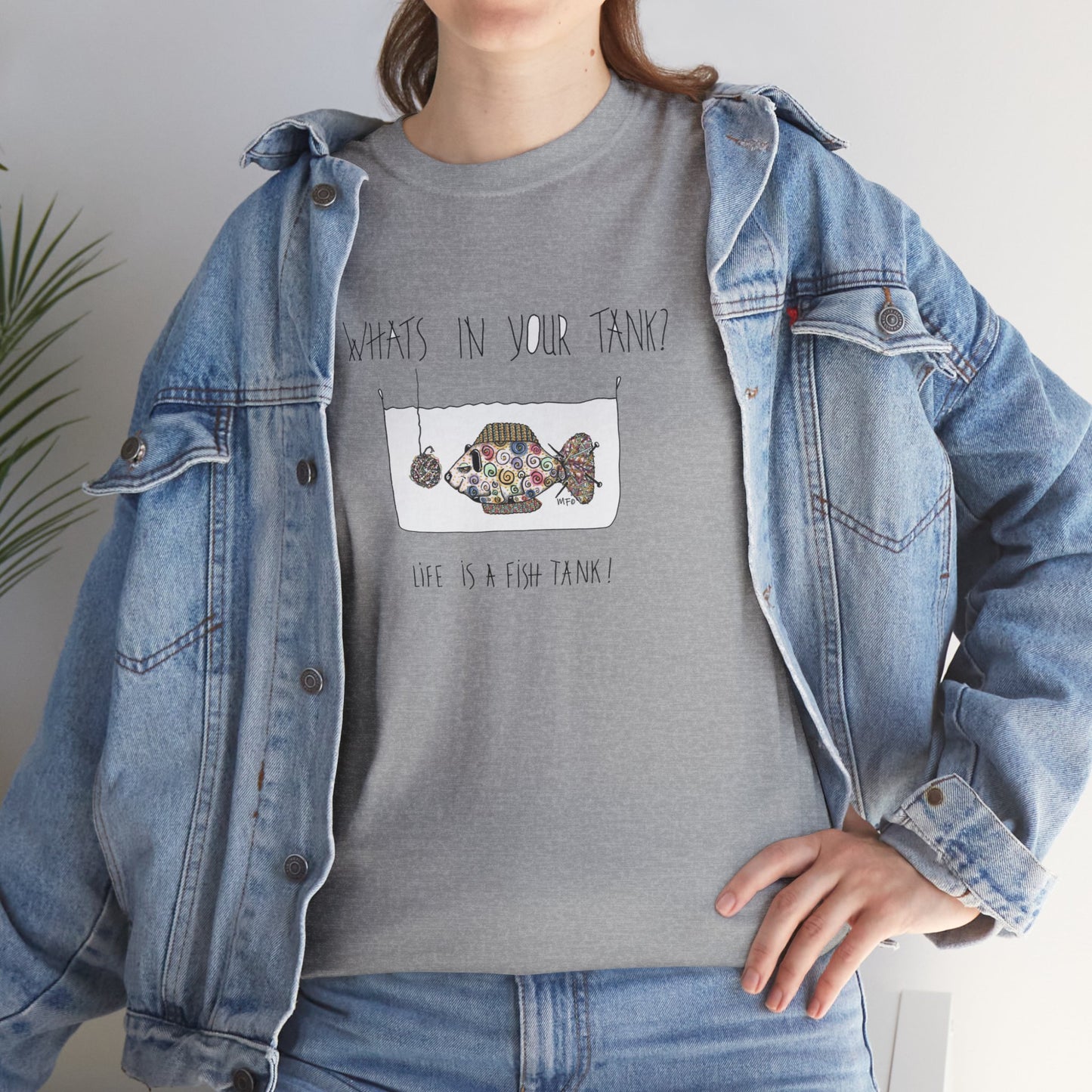 Life is a Fish Tank Collection, "What's in your tank?  Sheep Fish with a dangling ball of wool in front of it. Unisex Heavy Cotton Tee by artist Marie Frederique