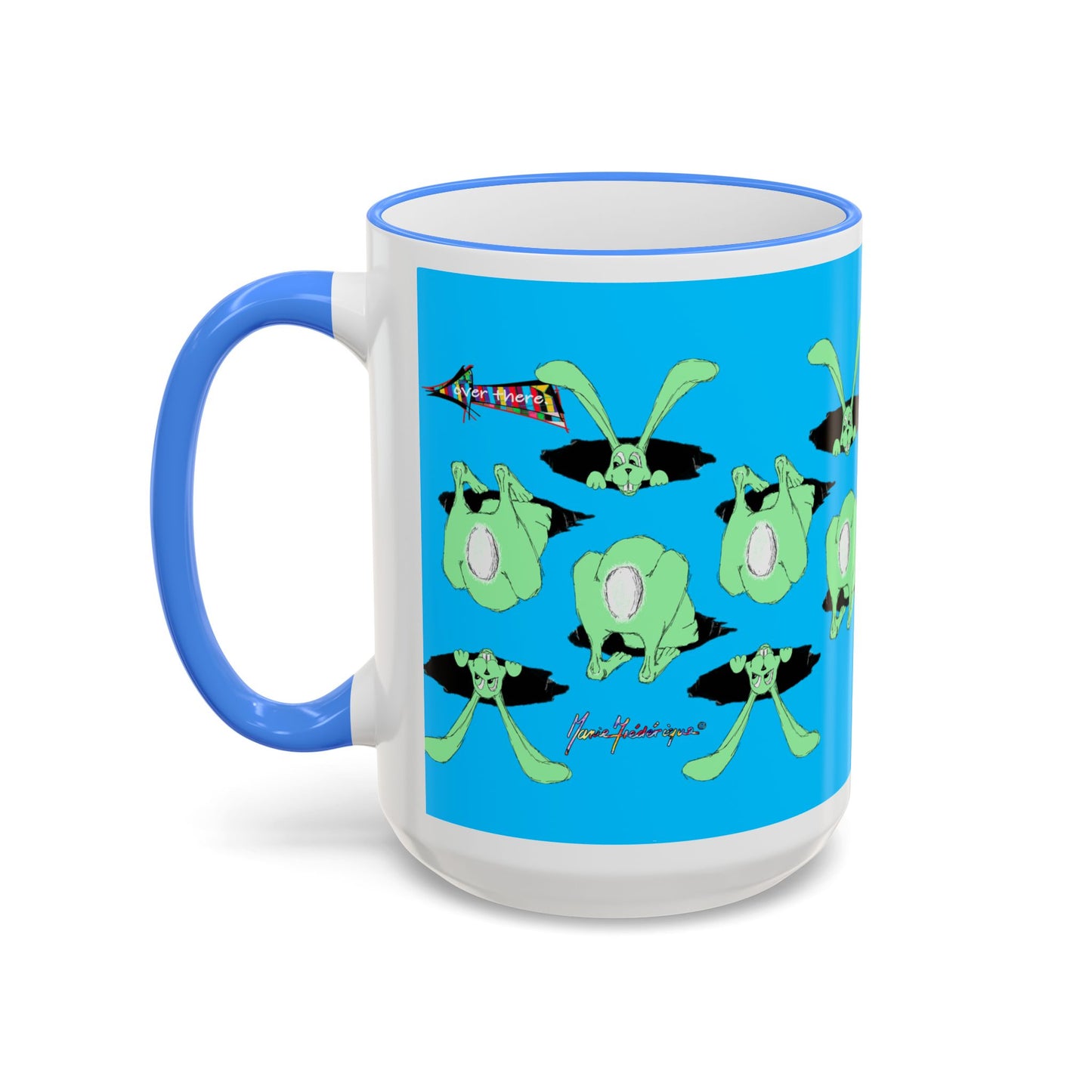 Where is Alice? Playful Green Bunny Pattern Accent Rim Mug (11oz & 15oz) by artist Marie Frederique