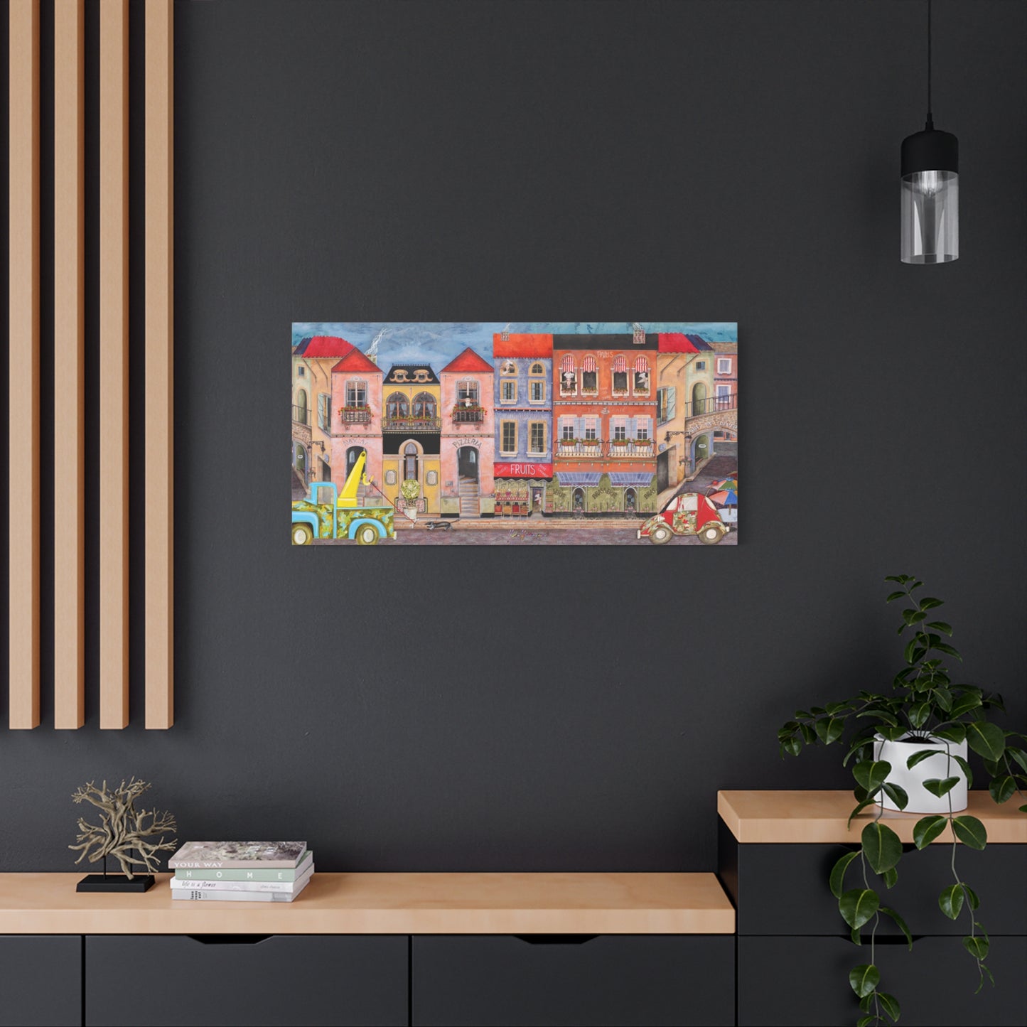 European Street Panorama Canvas Print — Chefetteville, Stretched Matte Wall Art by artist Marie Frederique