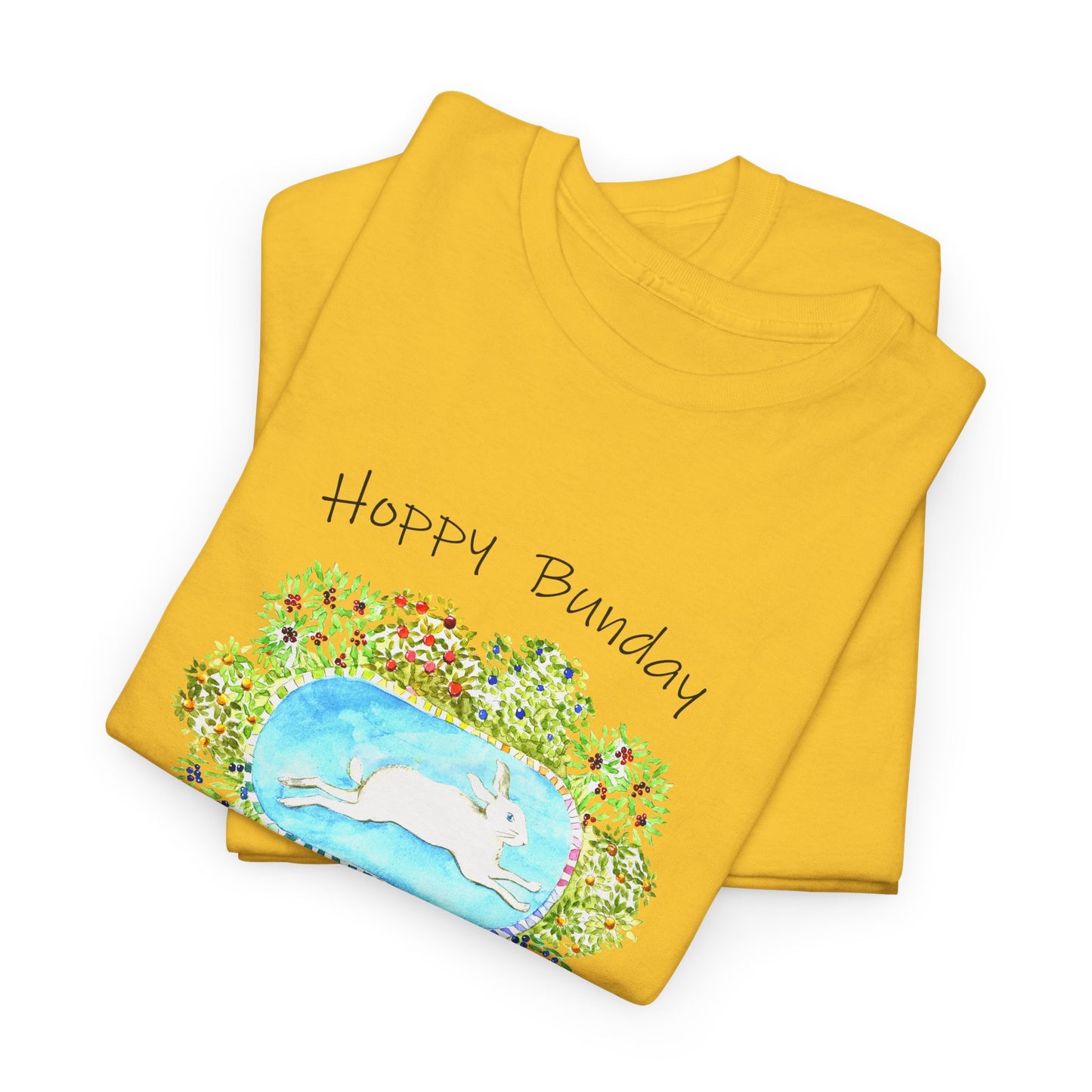 Hoppy Bunday Unisex Heavy Cotton Tee - Fun Spring T-Shirt for Bunny Lovers by artist Marie Frederique