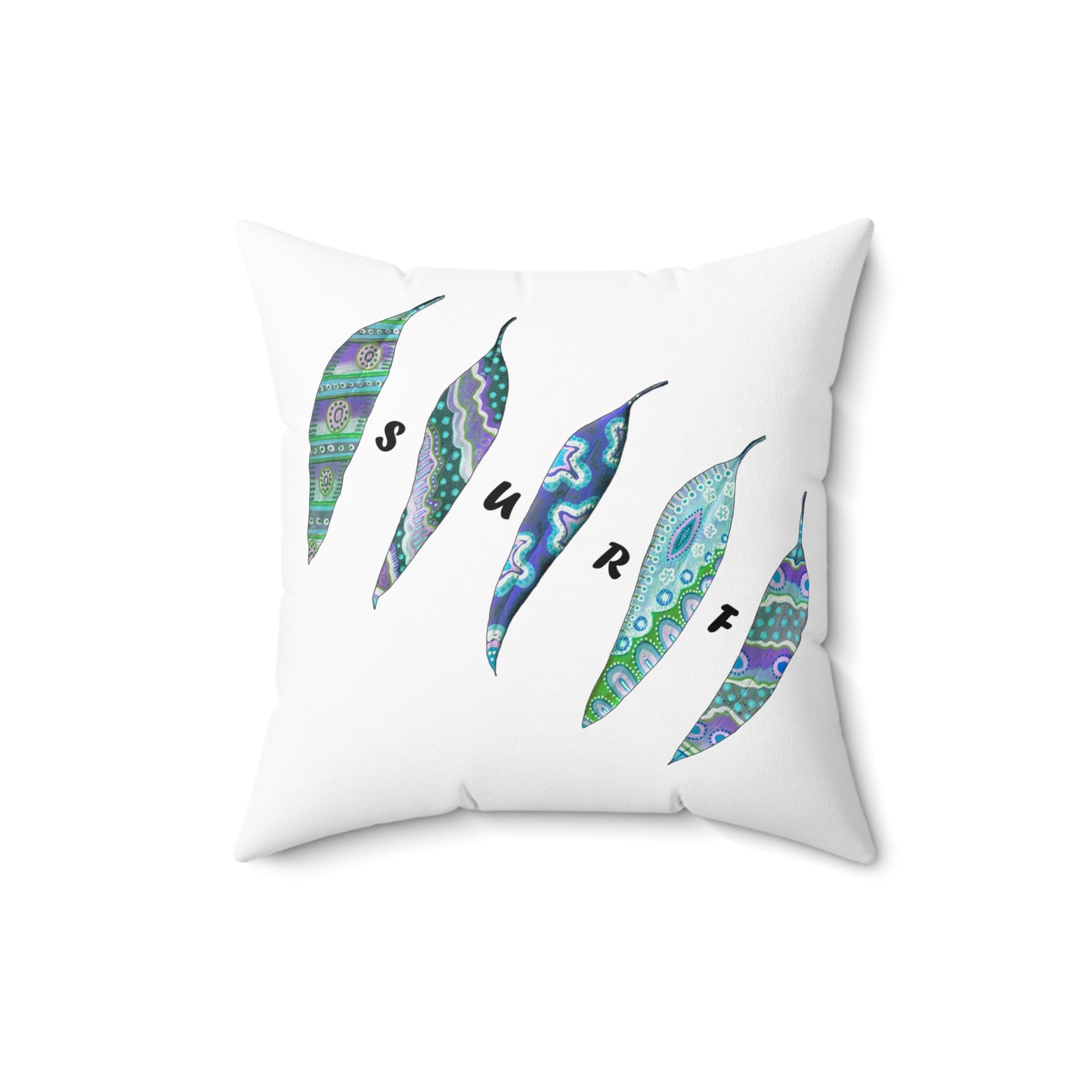 Surf and painted leaves, Blue and White Square Pillow by artist Marie Frederique
