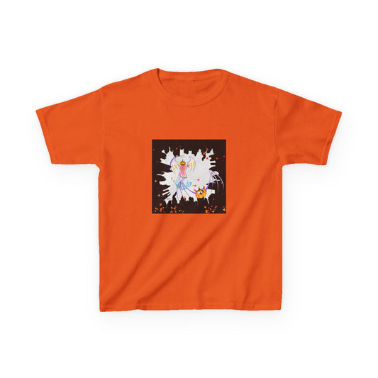 Halloween Angel and Pumpkin Heart Bat - Kids Heavy Cotton™ Tee by artist Marie Frederique