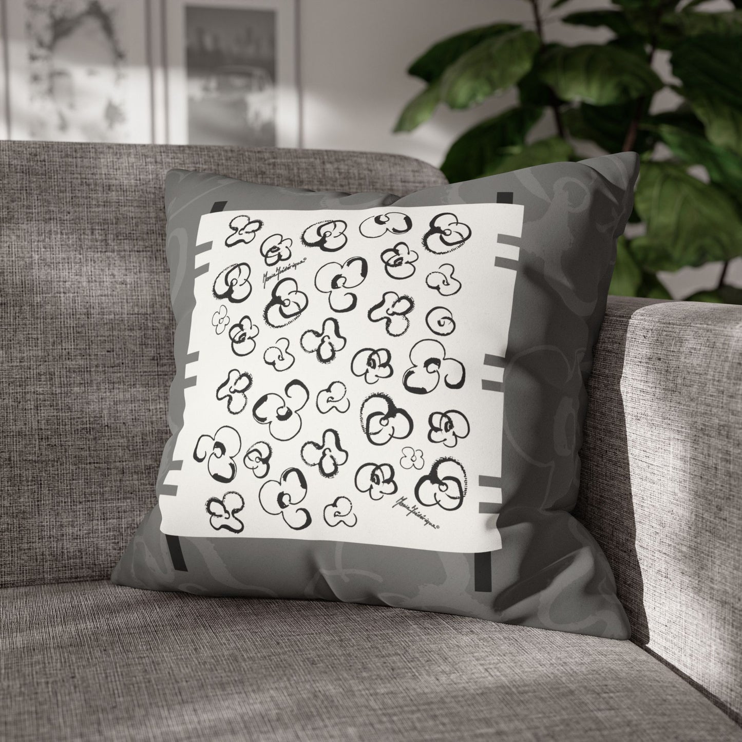 Black, White and Gray Floral Pop Art Faux Suede Pillowcase by artist Marie Frederique
