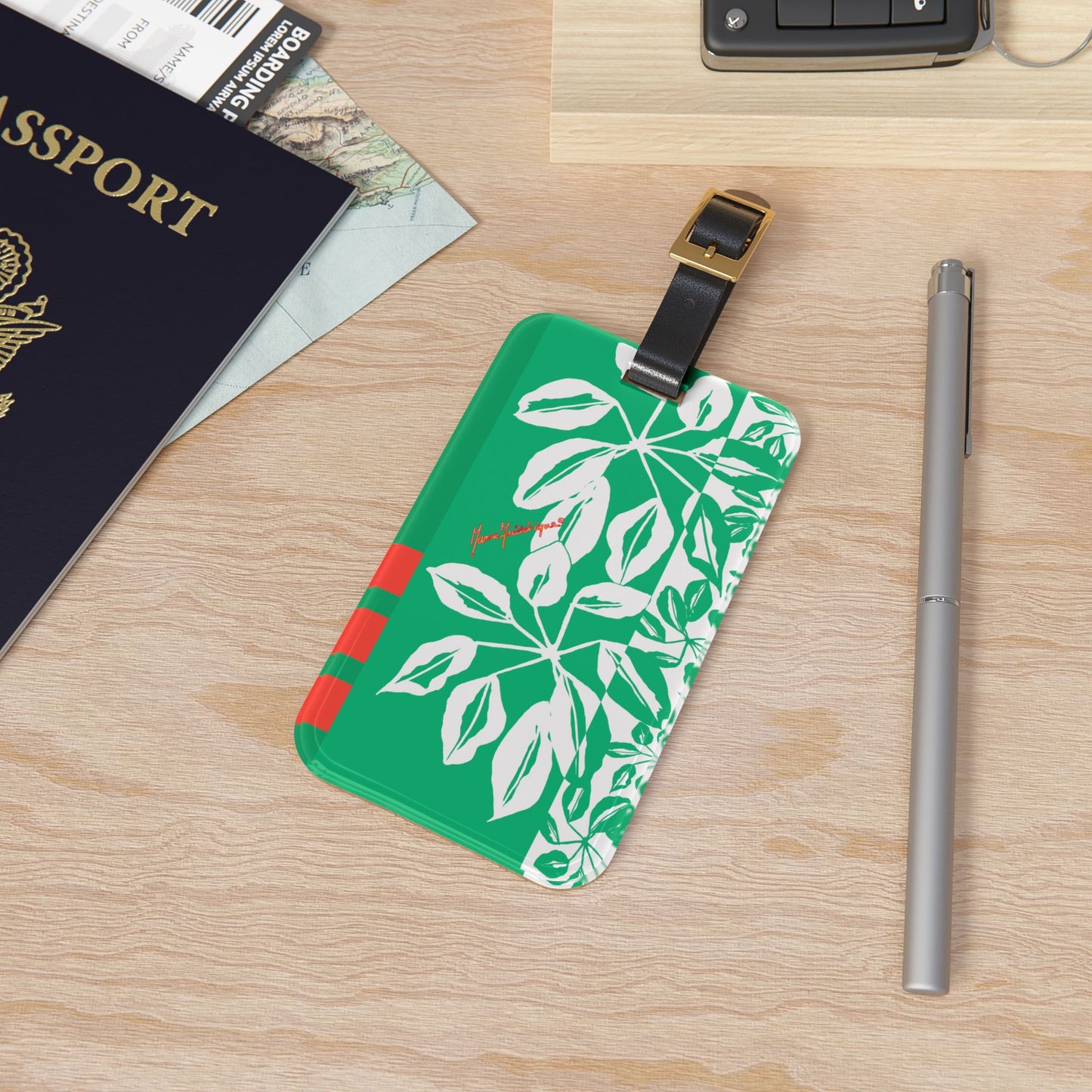 Luggage Tag, Tropical Leaves in Green, White & Tangerine by artist Marie Frederique