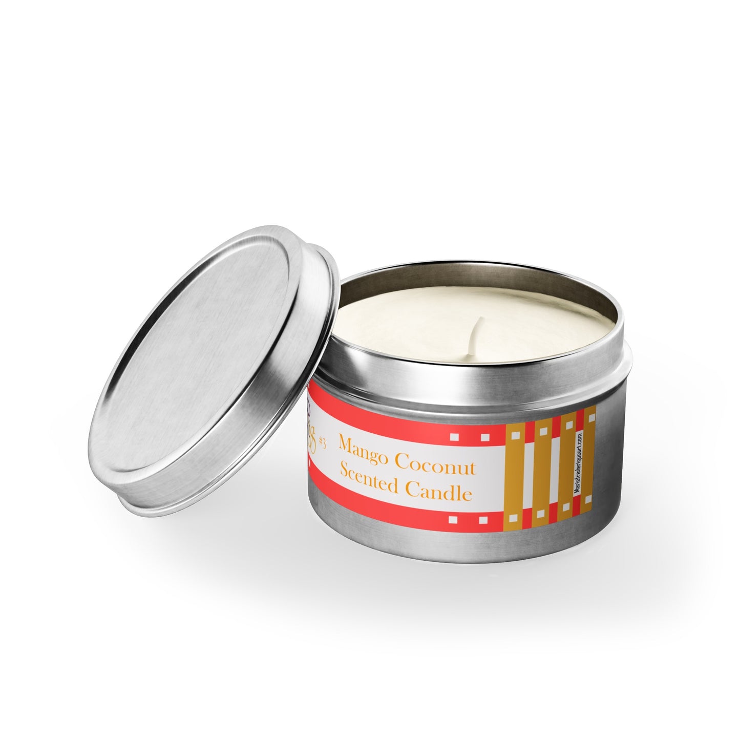 CTS #3 Candle Collection, "Mango Coconut" Scented Coconut Soy Wax Candle in a metal tin. 4 oz or 8 oz, 3 tin colors silver, black or gold