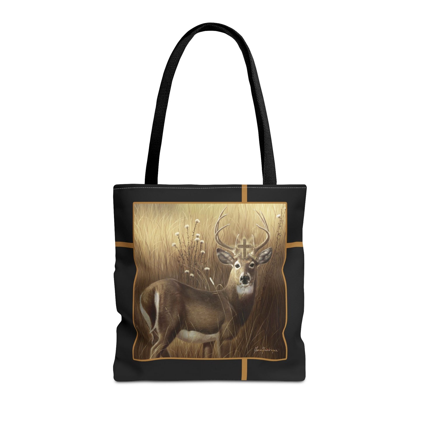 Deer Buck Tote Bag – Golden Meadow Wildlife Art Tote by artist Marie Frederique