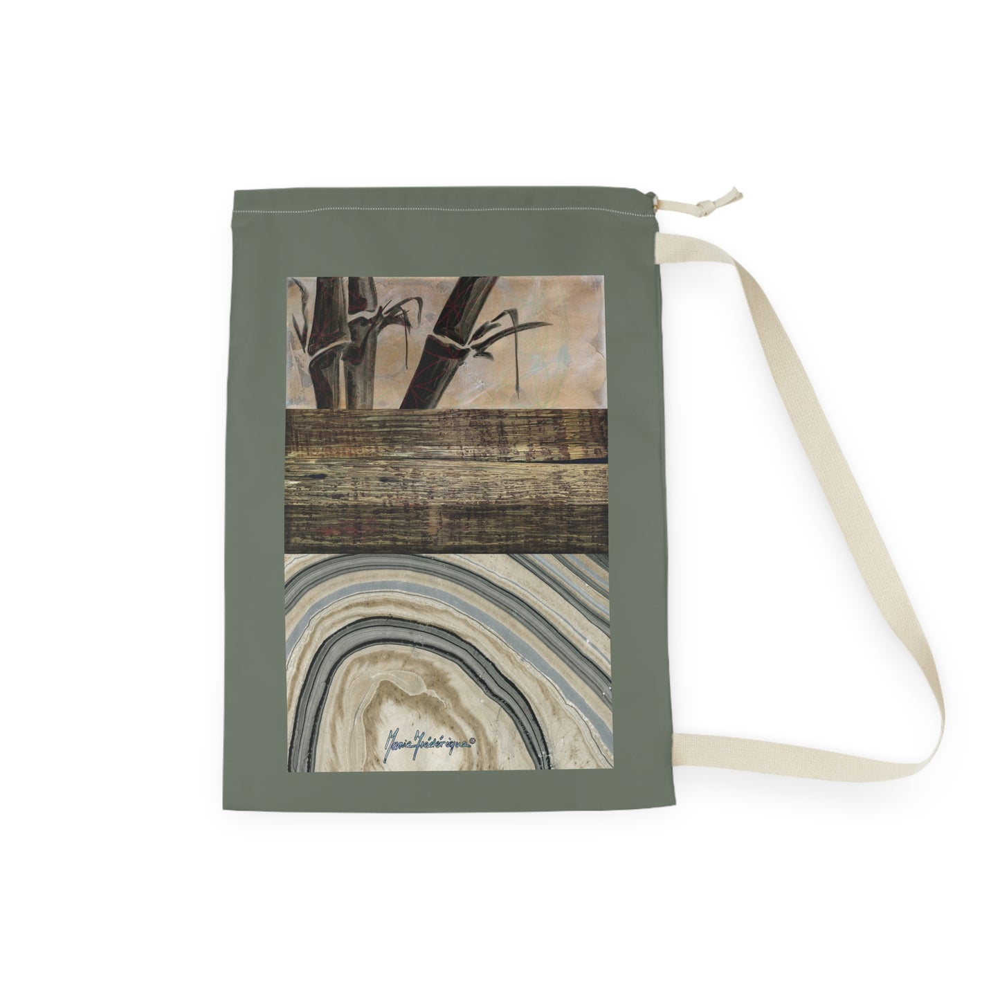 Elegant Designer Laundry Bag - Rustic Bamboo & Agate Print Drawstring Hamper by artist Marie Frederique