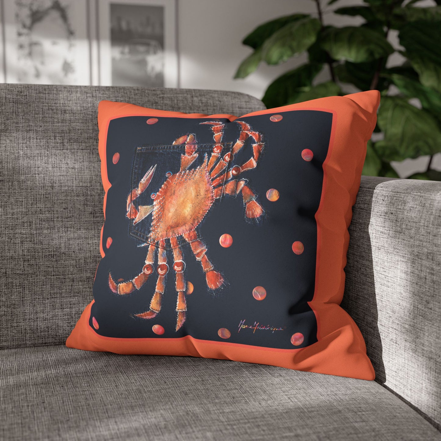 Crab Art Faux Suede Pillowcase — Orange Coastal Square Throw Pillow Cover by artist Marie Frederique