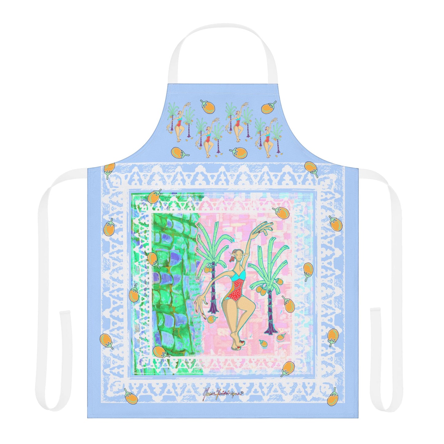 Tropical Palm dancer Pattern Apron — Colorful Retro Cook & BBQ Apron by artist Marie Frederique