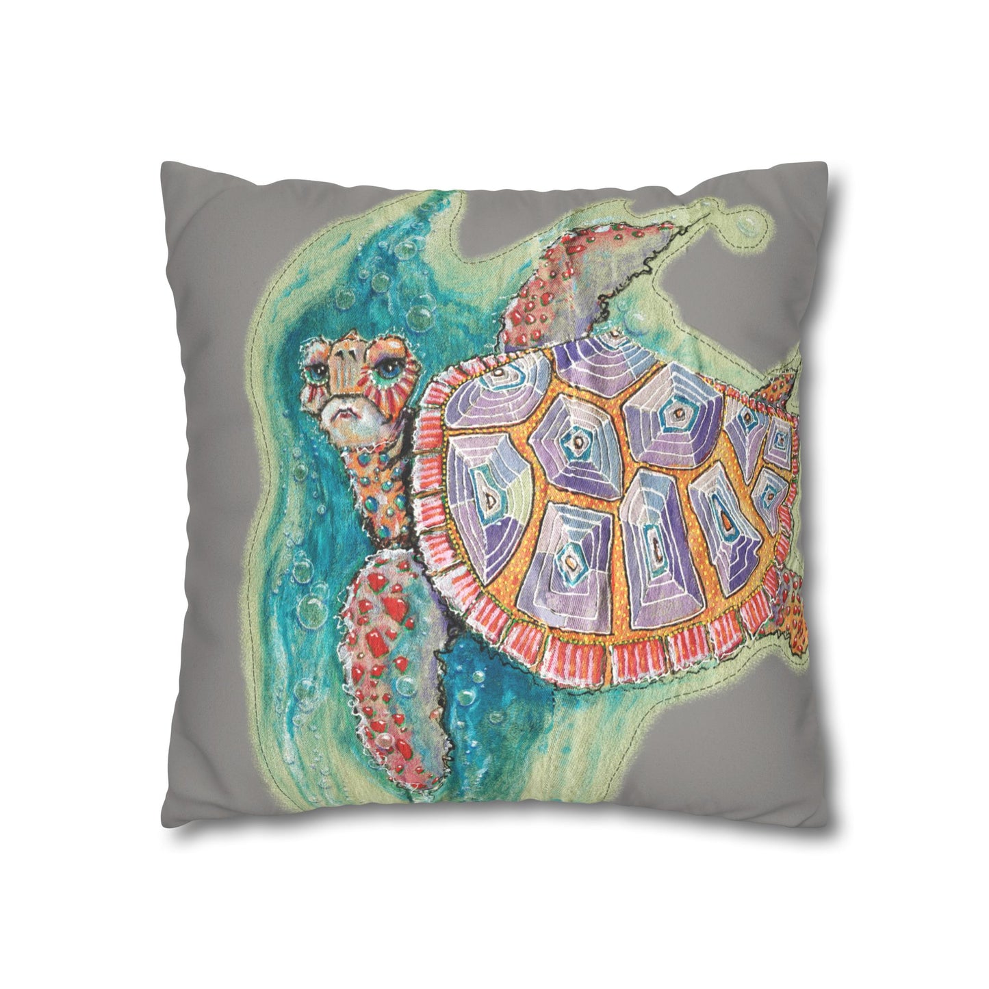 Sea Turtle Faux Suede Pillowcase — Colorful Coastal Throw Pillow Cover by artist Marie Frederique