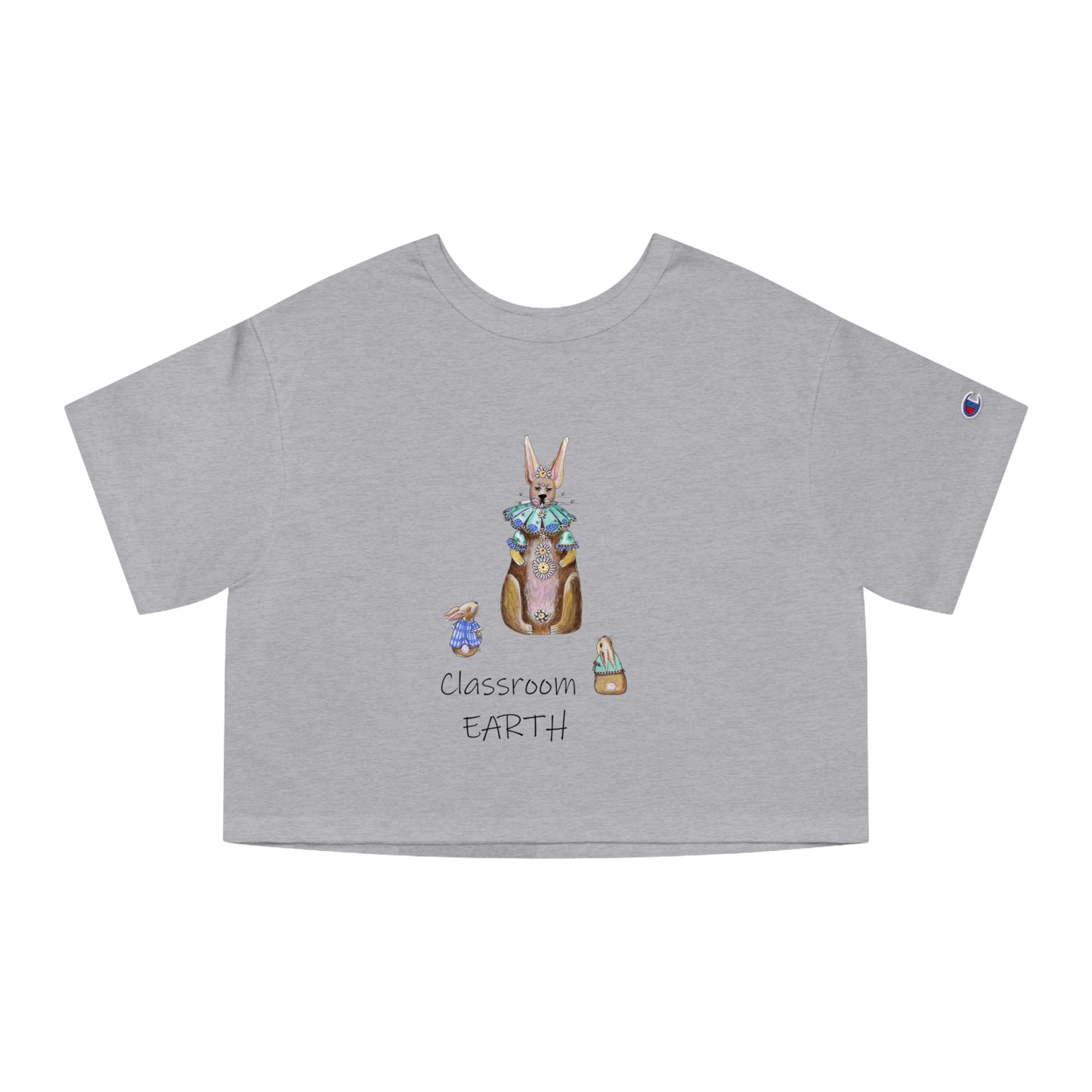 Classroom Earth - Teacher Rabbit and 2 students, 100% Cotton Cropped T-Shirt by artist Marie Frederique