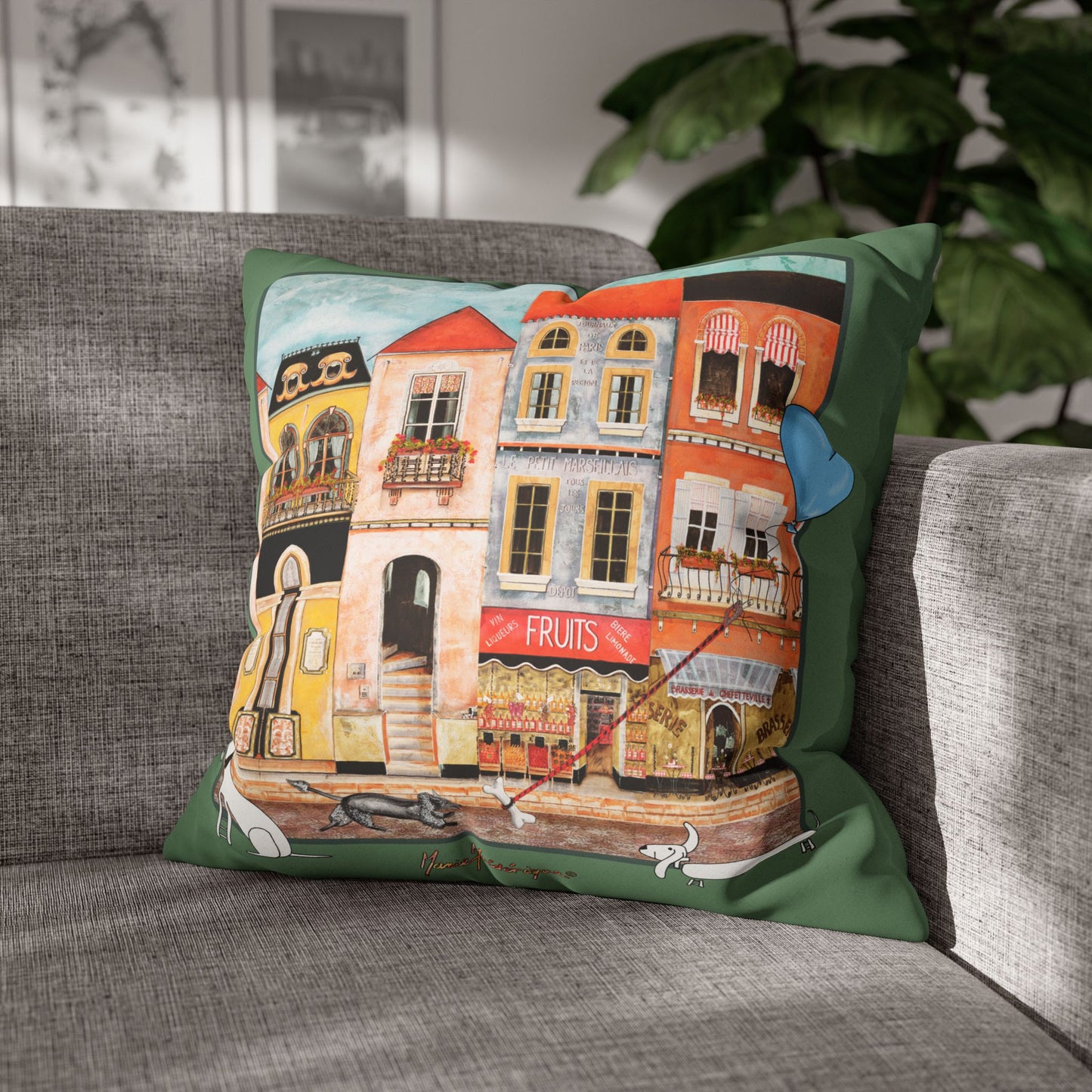 Whimsical town - Chefetteville, Row of Houses with Blue Heart Balloon Accent by artist Marie Frederique