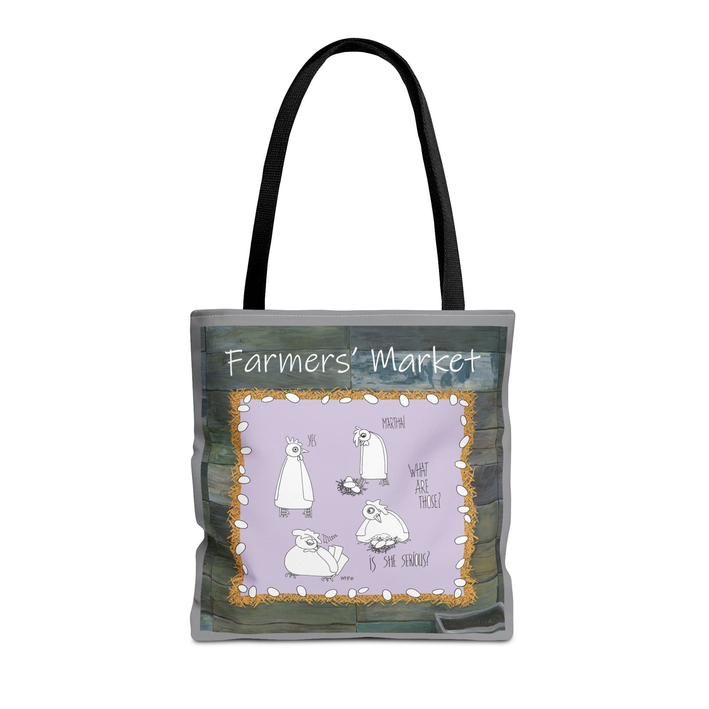 Farmers' Market Funny Chicken Tote Bag - Quirky Design with Chickens & Humor by artist Marie Frederique