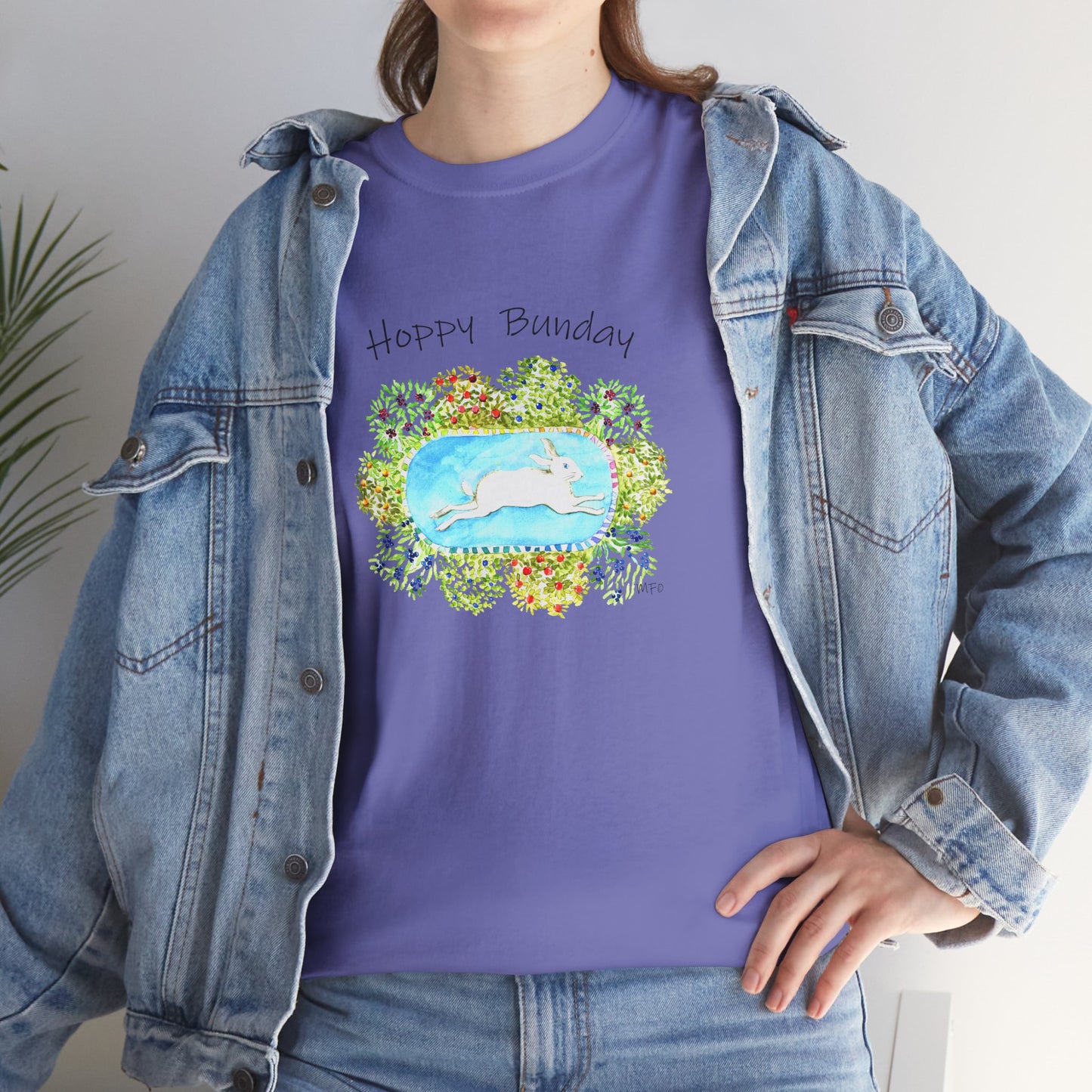 Hoppy Bunday Unisex Heavy Cotton Tee - Fun Spring T-Shirt for Bunny Lovers by artist Marie Frederique