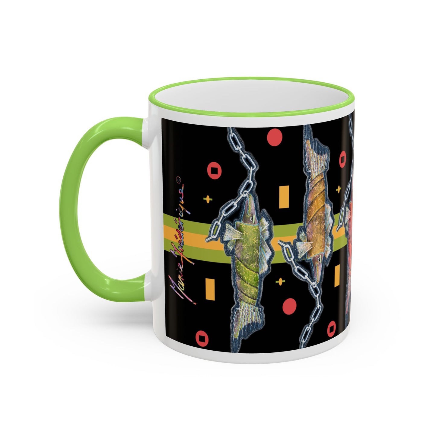 Abstract Neon Fish Pattern Mug — Accent Rim & Handle Ceramic Coffee Cup (11oz/15oz) by artist Marie Frederique
