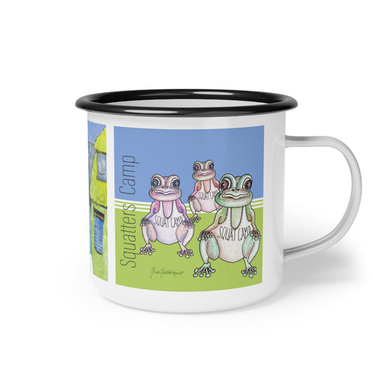 Squatters Camp, Frog Enamel Camping Mug by artist Marie Frederique