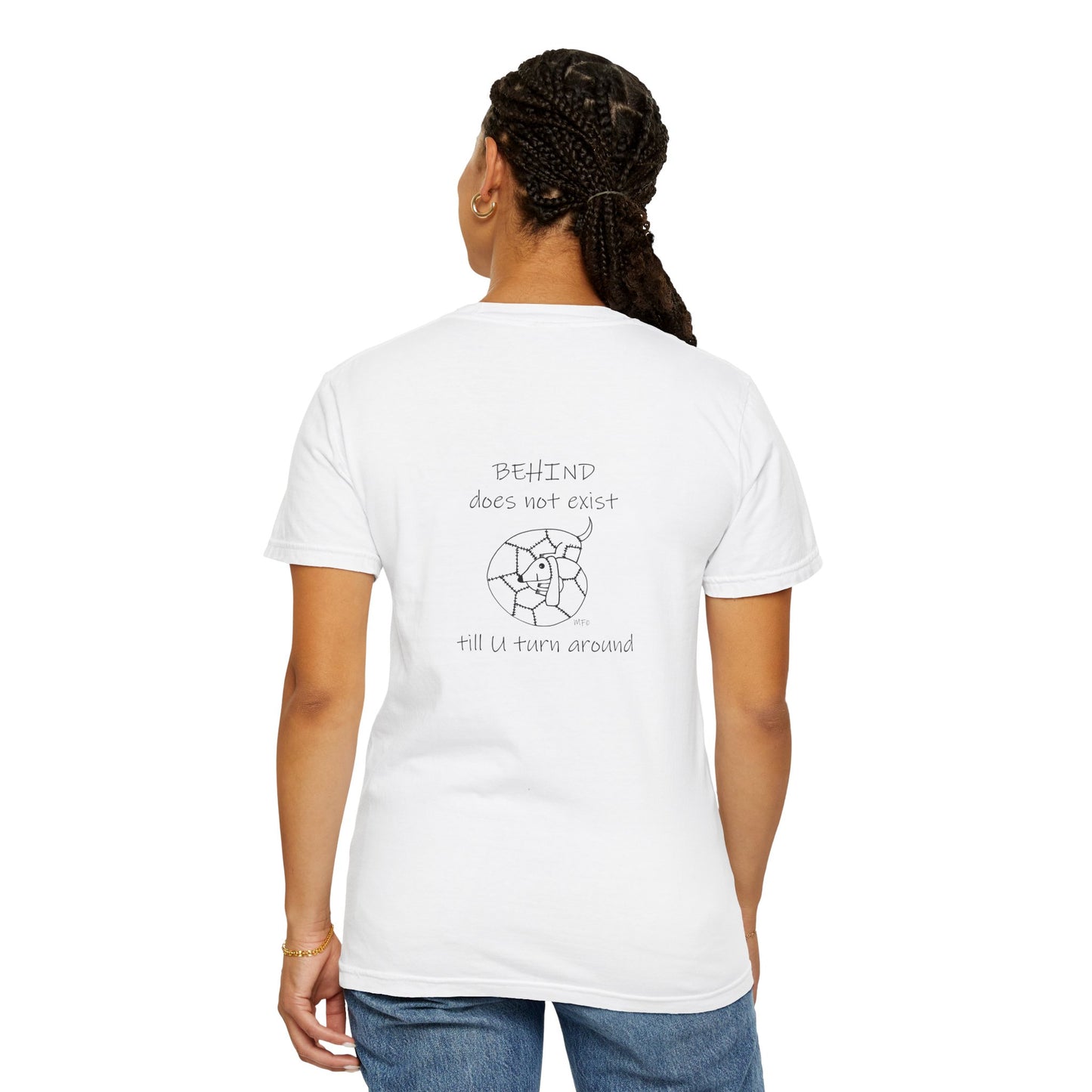 Behind Does Not Exist T-Shirt — Minimalist Broken Clock Graphic Tee by artist Marie Frederique