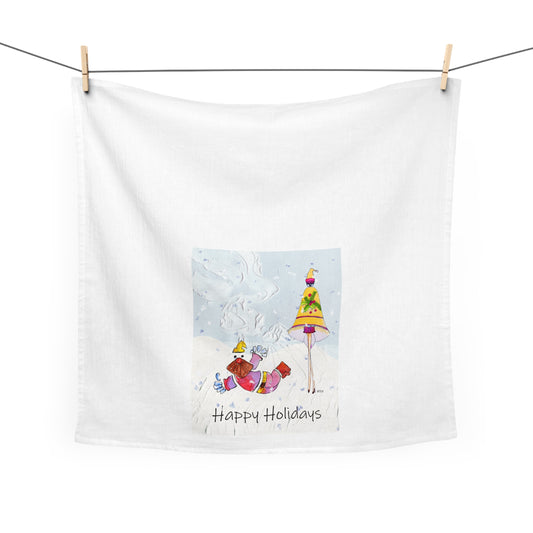 Christmas Tea Towel - Happy Holidays, Flying Santa Kitchen Decor by artist Marie Frederique