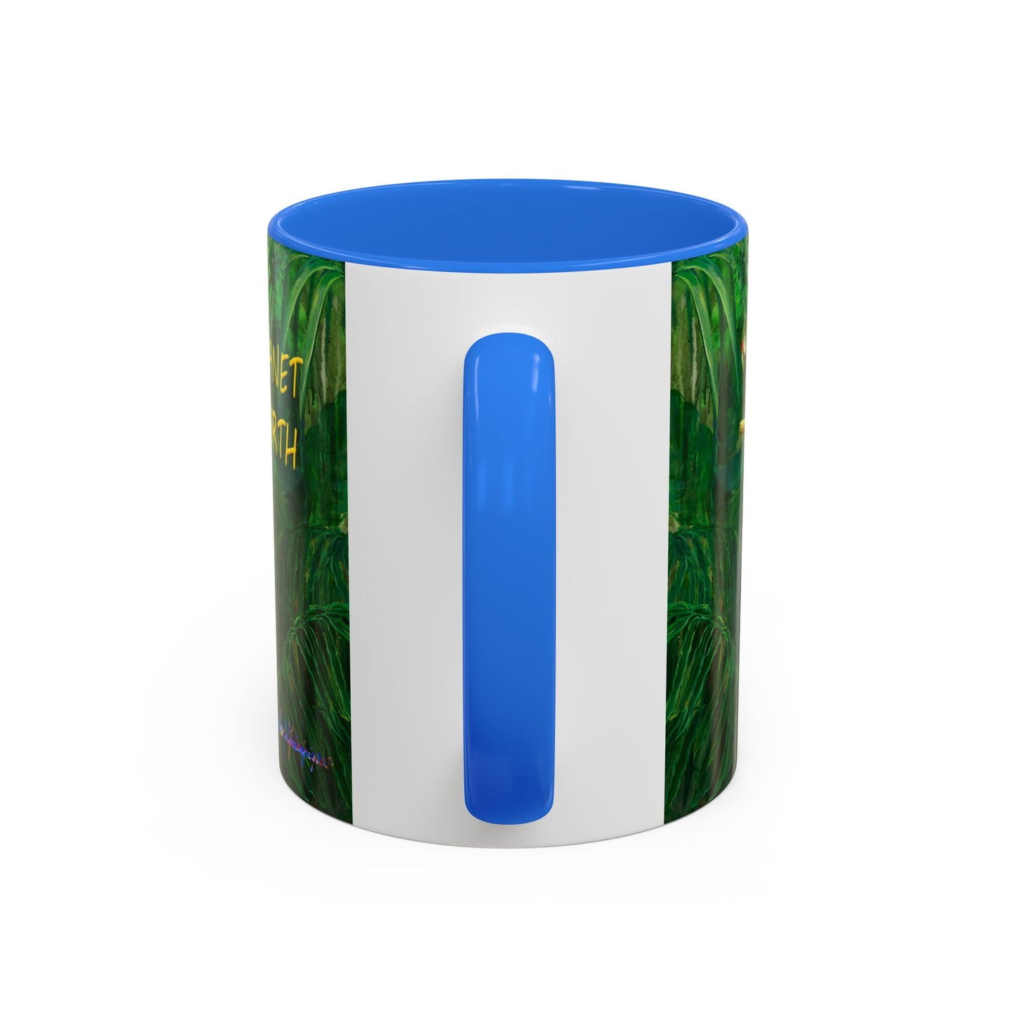Parrots in Jungle Forest & Blue Iris mug by Artist Marie Frederique