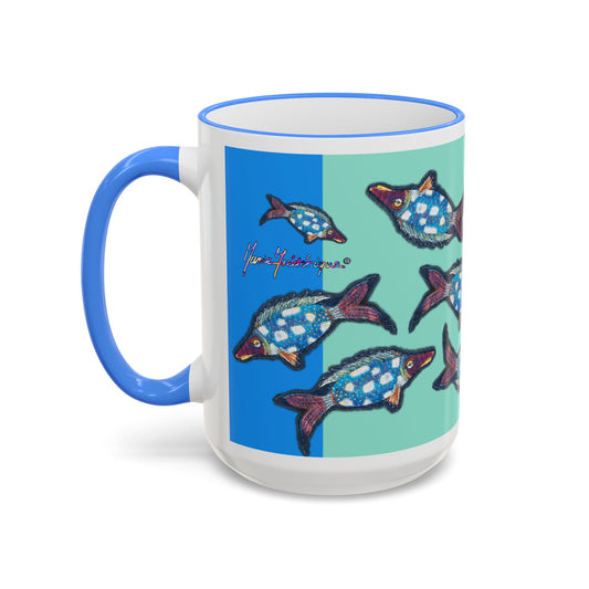 Blue Flying Fish Accent Rim Mug — Nautical Ceramic Coffee Cup (11oz/15oz) by artist Marie Frederique