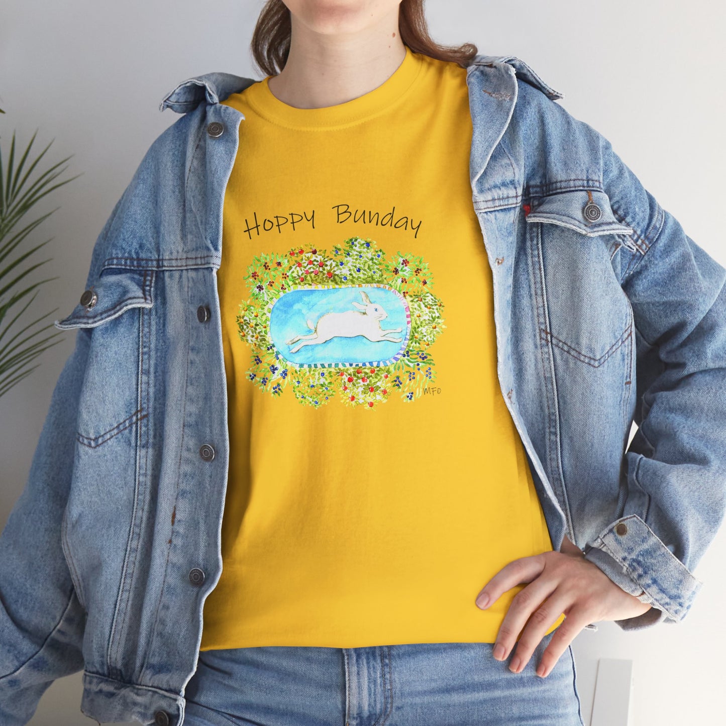 Hoppy Bunday Unisex Heavy Cotton Tee - Fun Spring T-Shirt for Bunny Lovers by artist Marie Frederique