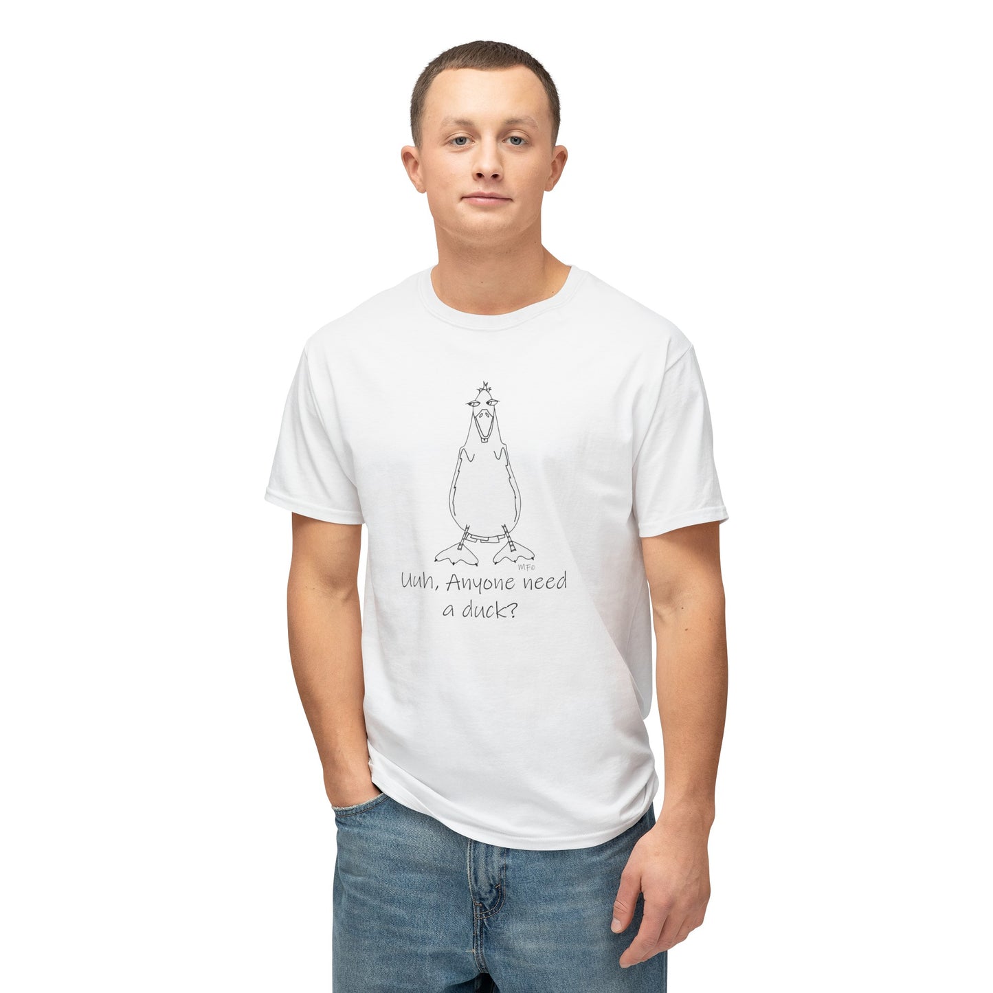 Duck Lovers "Uuh, Anyone need a duck?" - Unisex HD Cotton™ T-shirt by artist Marie Frederique