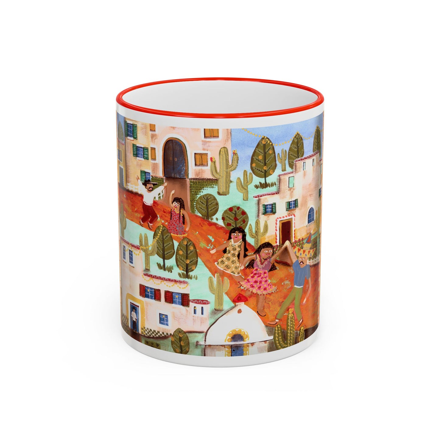 Colorful Fiesta Village Scene Accent Rim Mug — Whimsical Community Art Coffee Cup (11oz/15oz) by artist Marie Frederique