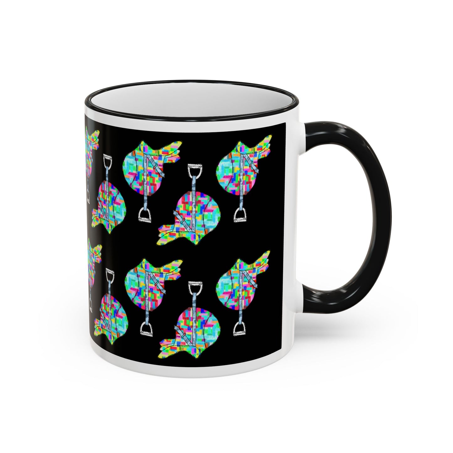 Saddle Patchwork Accent Rim Mug – Equestrian Colorful Mosaic Pattern (11oz, 15oz) by artist Marie Frederique