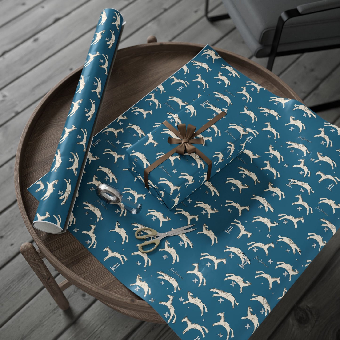 Horse jumping Blue Wrapping Paper Roll – Equestrian Gift Wrap by artist Marie Frederique