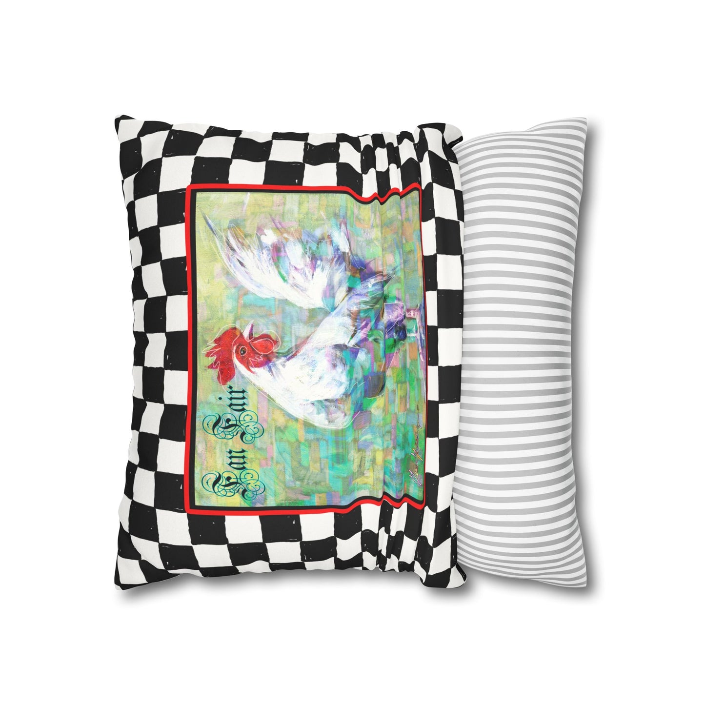 White Rooster Checkered Faux Suede Pillowcase - "Fan Fair" Farmhouse Accent Pillow Cover by artist Marie Frederique