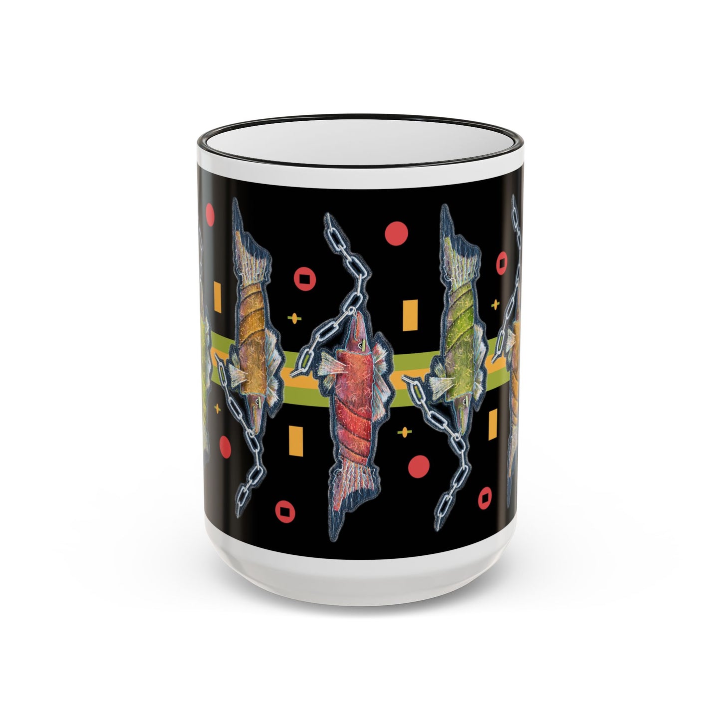 Abstract Neon Fish Pattern Mug — Accent Rim & Handle Ceramic Coffee Cup (11oz/15oz) by artist Marie Frederique