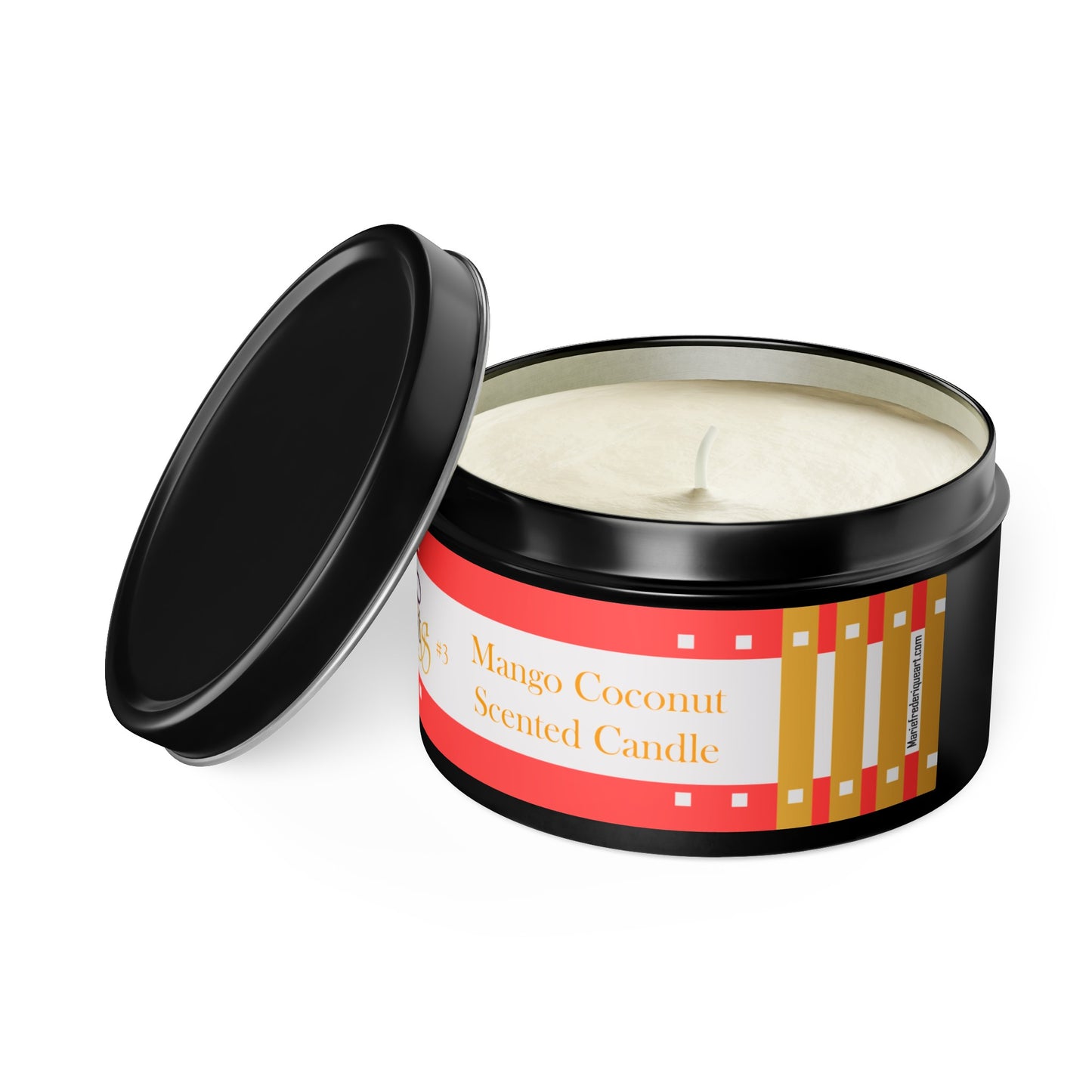 CTS #3 Candle Collection, "Mango Coconut" Scented Coconut Soy Wax Candle in a metal tin. 4 oz or 8 oz, 3 tin colors silver, black or gold