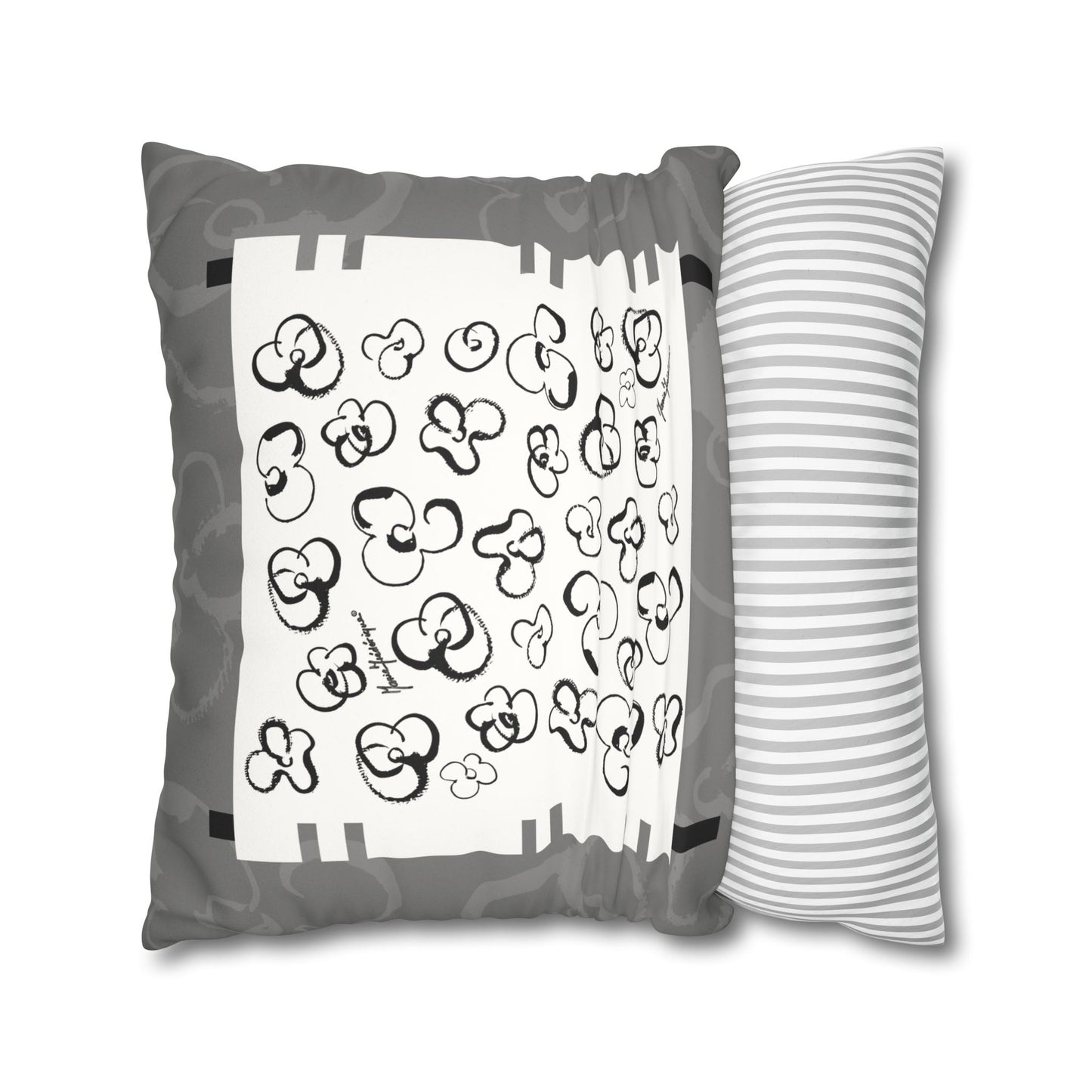 Black, White and Gray Floral Pop Art Faux Suede Pillowcase by artist Marie Frederique