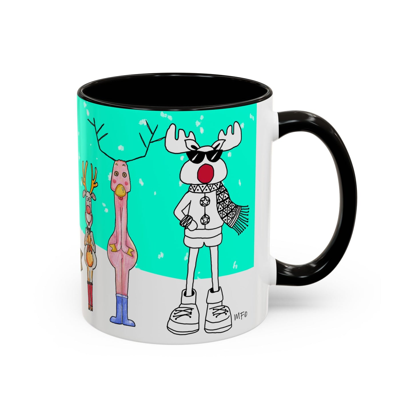Santa's Job application line up, Christmas Mug, by artist Marie Frederique