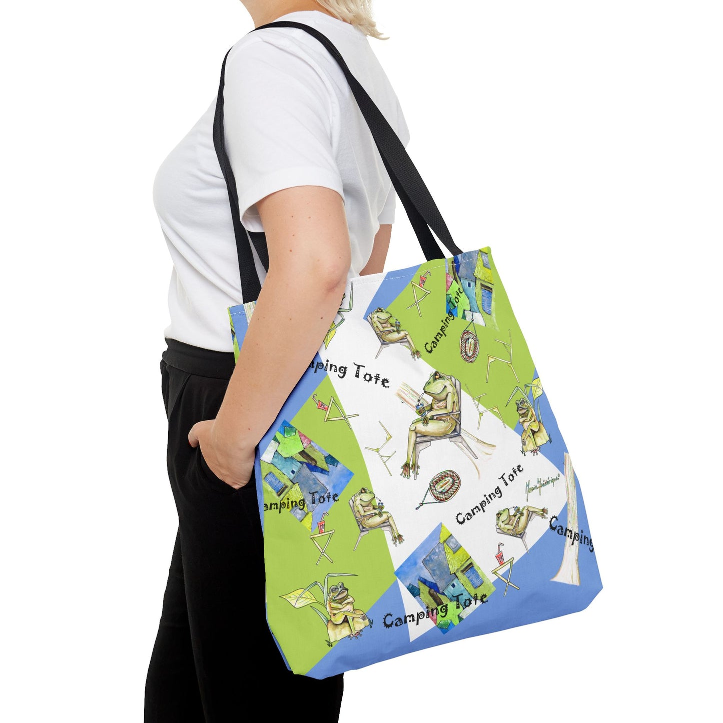 Camp Frog Adventure Tote Bag by artist Marie Frederique
