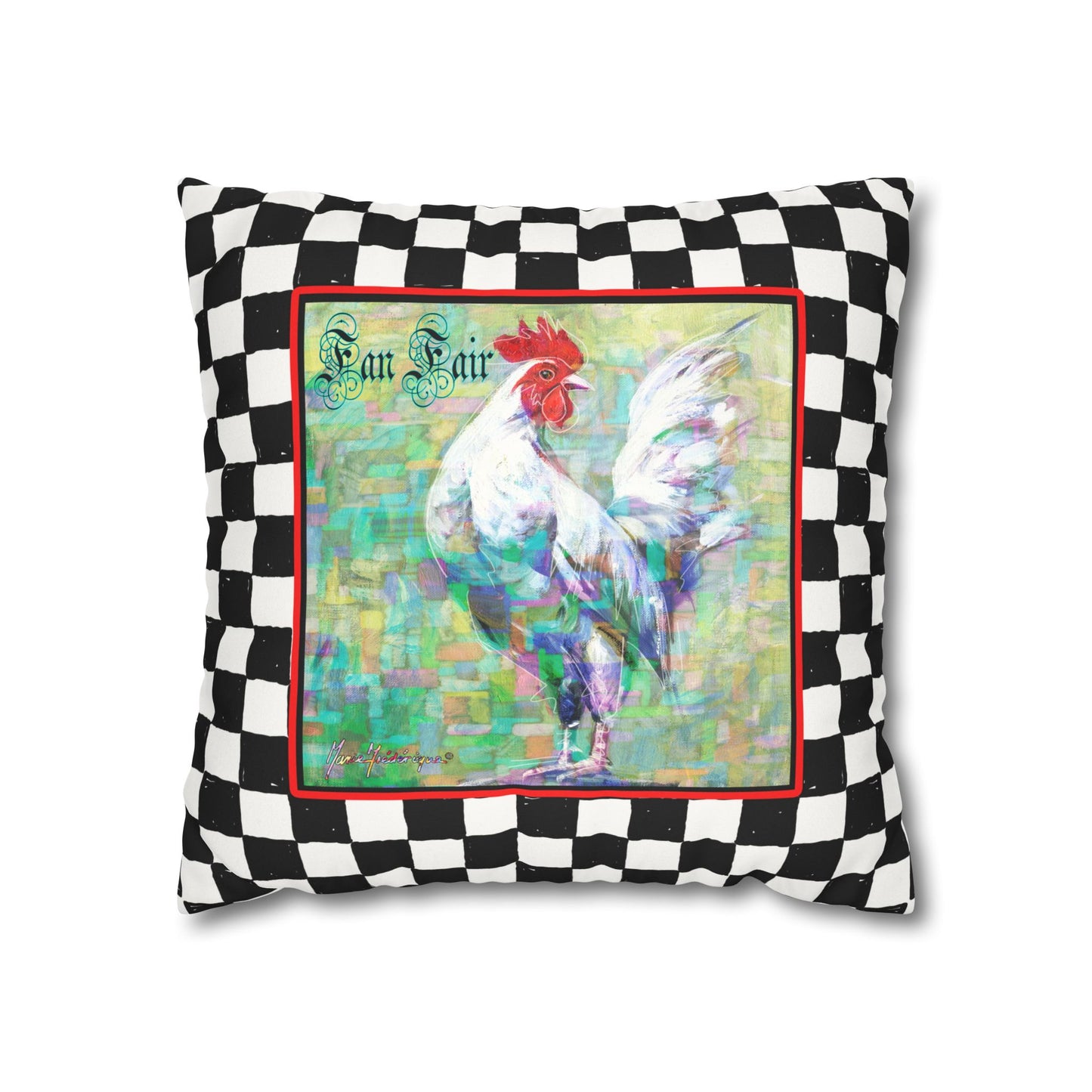White Rooster Checkered Faux Suede Pillowcase - "Fan Fair" Farmhouse Accent Pillow Cover by artist Marie Frederique