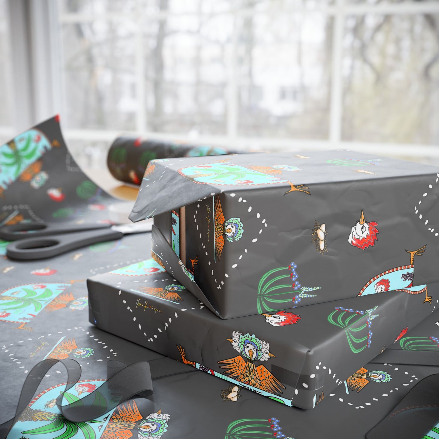 Chicken Dancing Pattern on Charcoal Background Wrapping Paper by artist Marie Frederique