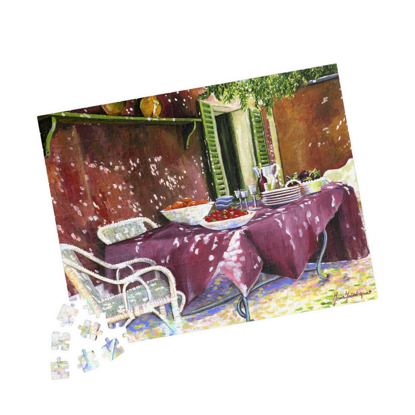 My happy place - summer patio table set for guests, Puzzle (110, 252, 520-piece) by Artist Marie Frederique