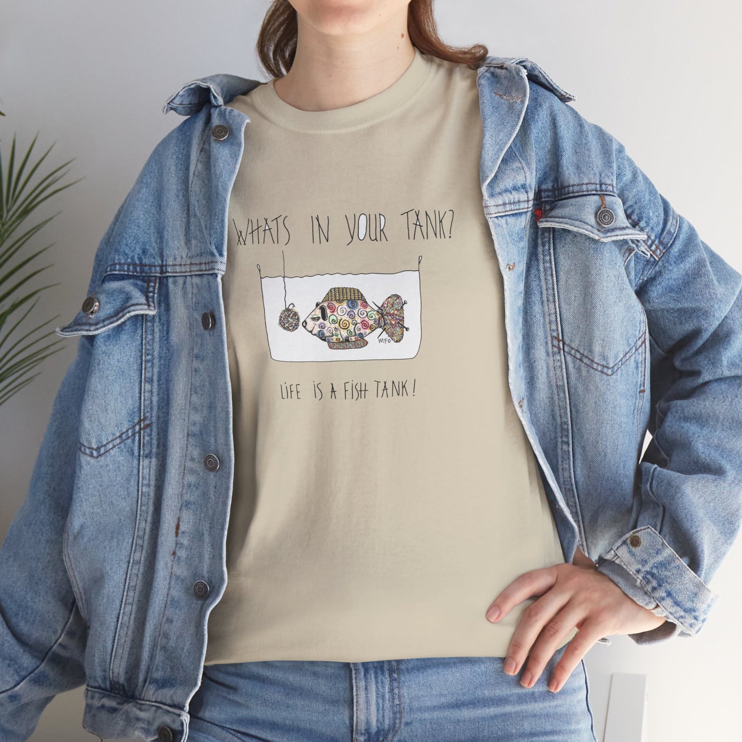 Life is a Fish Tank Collection, "What's in your tank?  Sheep Fish with a dangling ball of wool in front of it. Unisex Heavy Cotton Tee by artist Marie Frederique