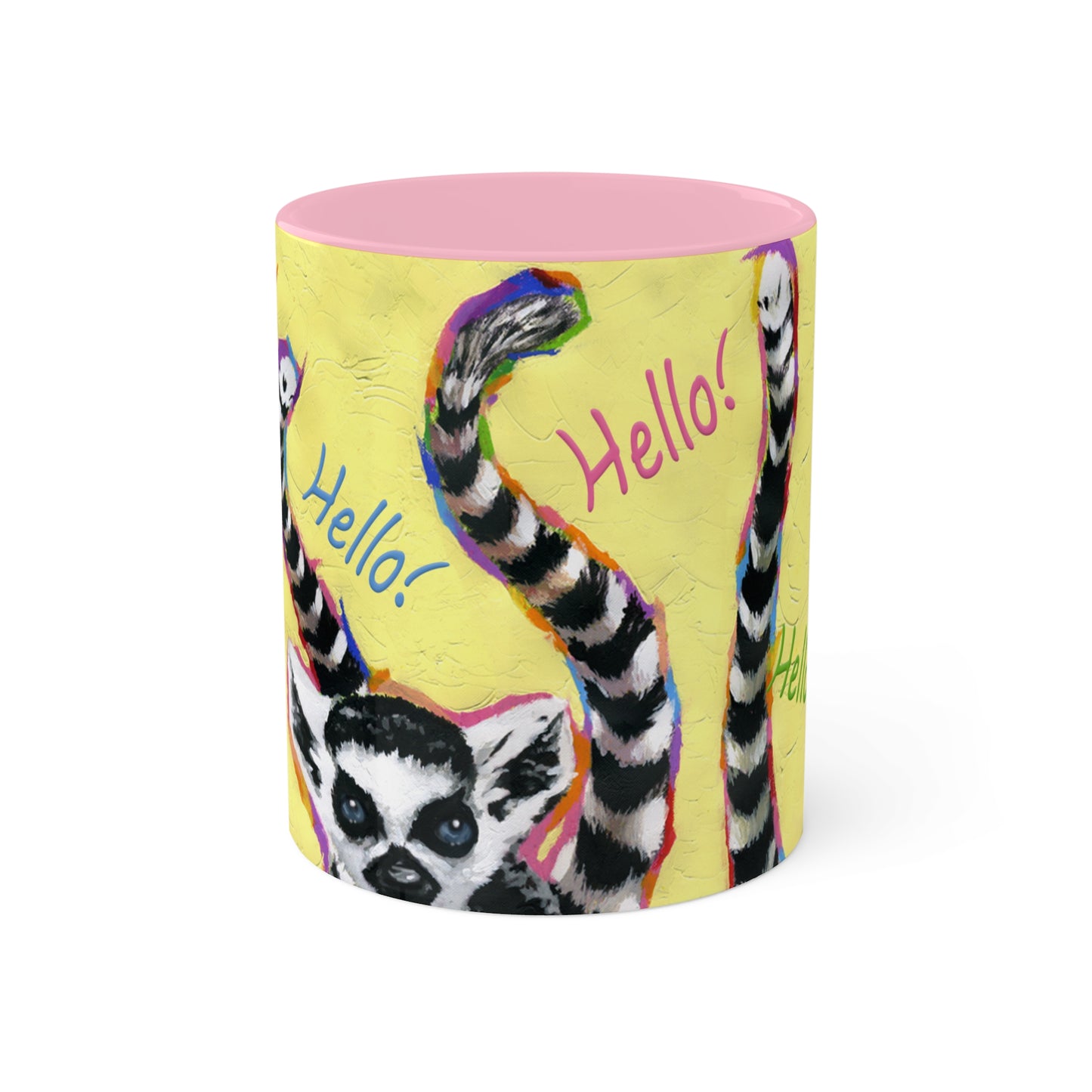 Lemurs from Madagascar scrambling to say "Hello" - Colorful Mug, 11oz By Artist Marie Frederique