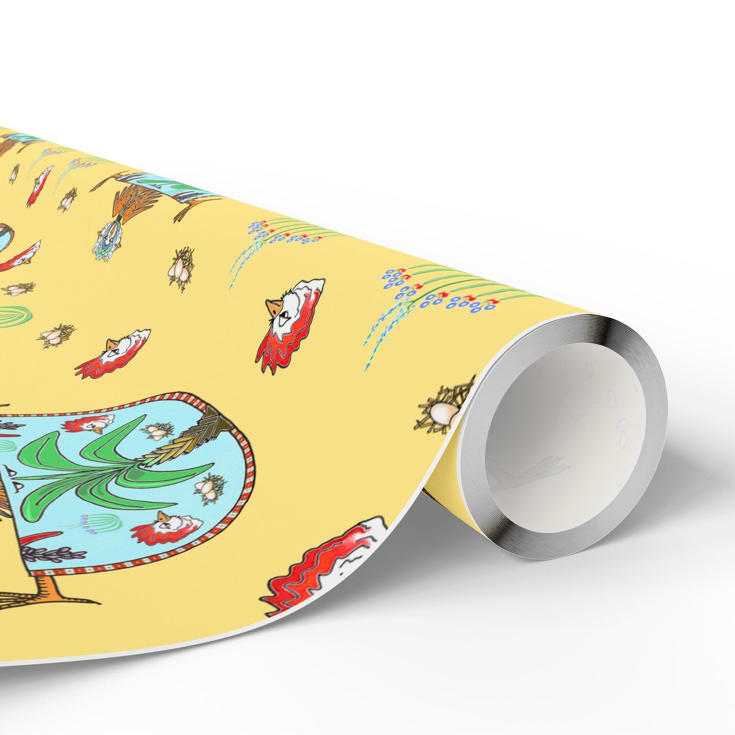 Spring Garden Chicken Wrapping Paper Roll — Yellow Floral chicken Pattern Gift Wrap by artist Marie Frederique
