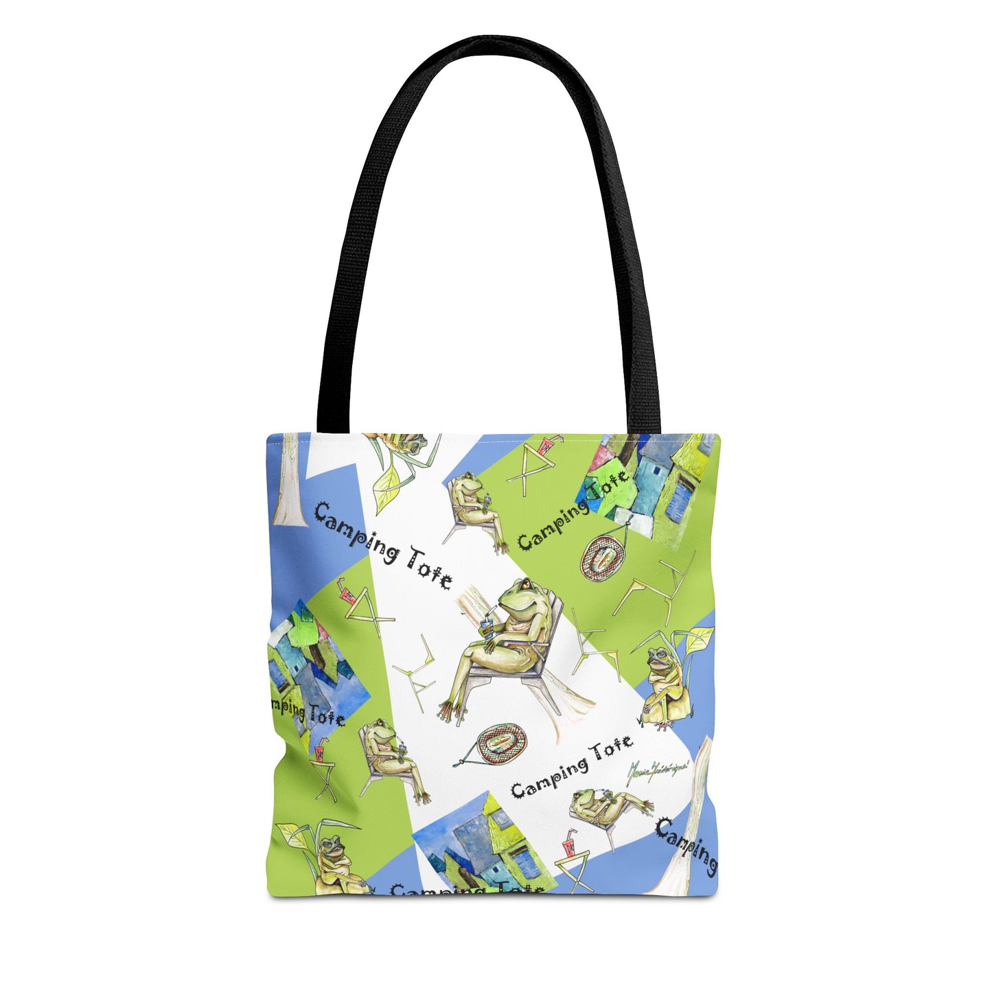Camp Frog Adventure Tote Bag by artist Marie Frederique