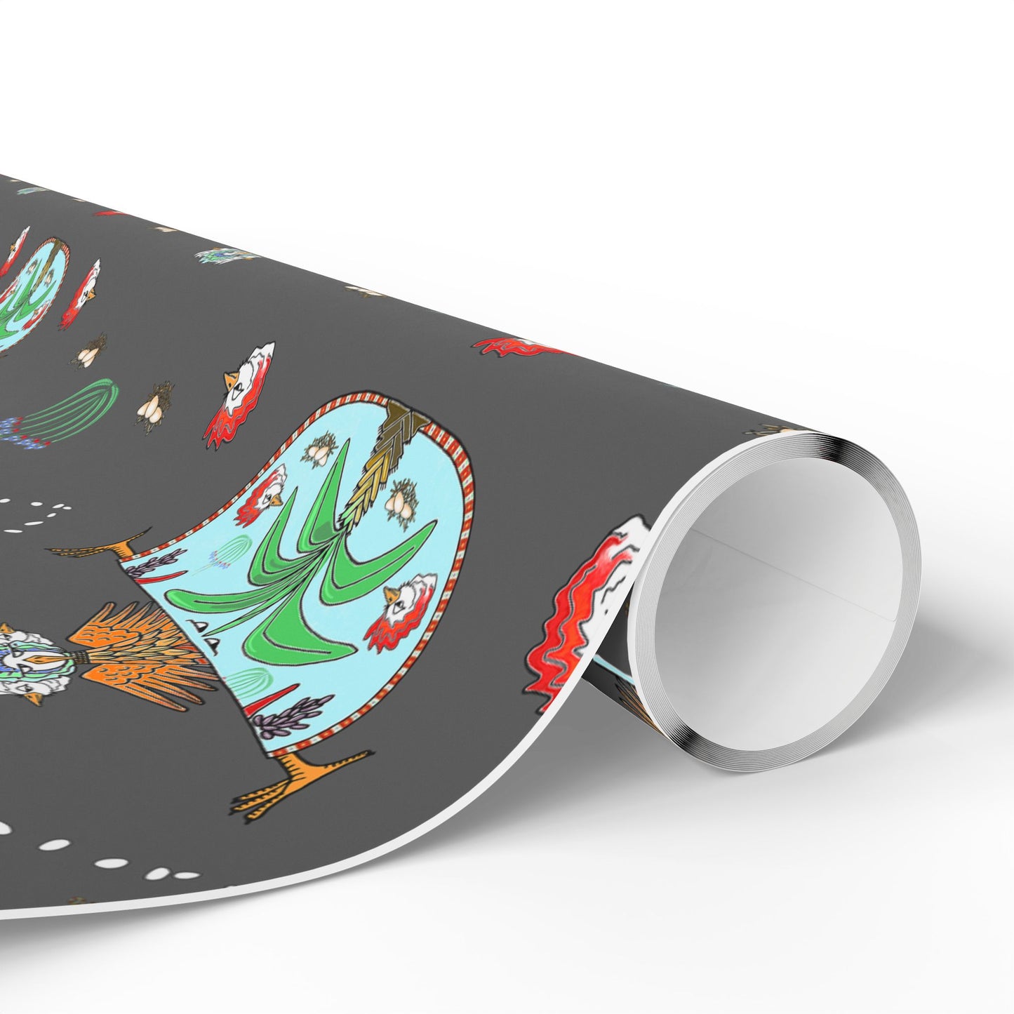 Chicken Dancing Pattern on Charcoal Background Wrapping Paper by artist Marie Frederique