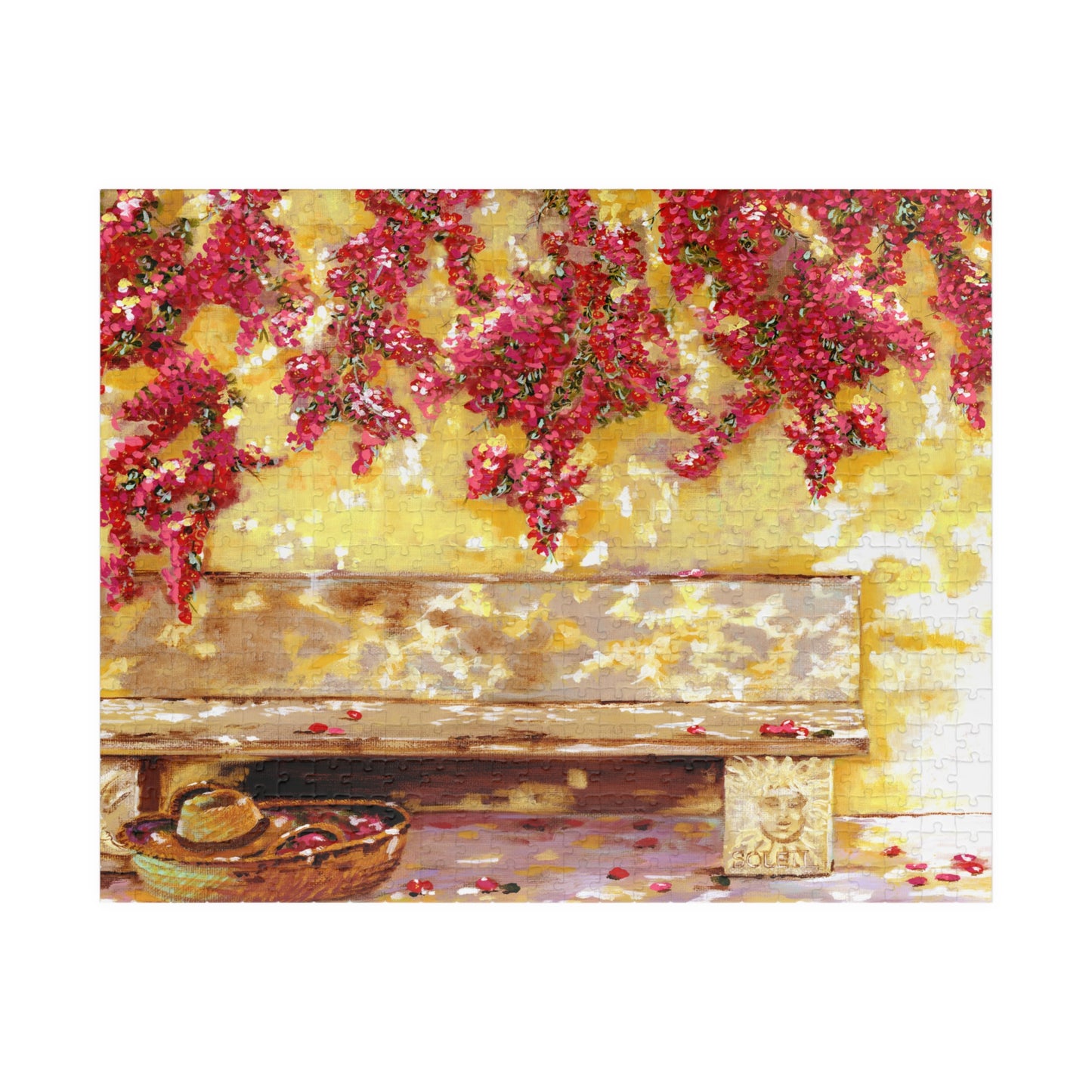 My Happy place - Bougainvillea Pink flowers and a stone bench, Jigsaw Puzzle by Artist Marie Frederique - Puzzle 1014-piece