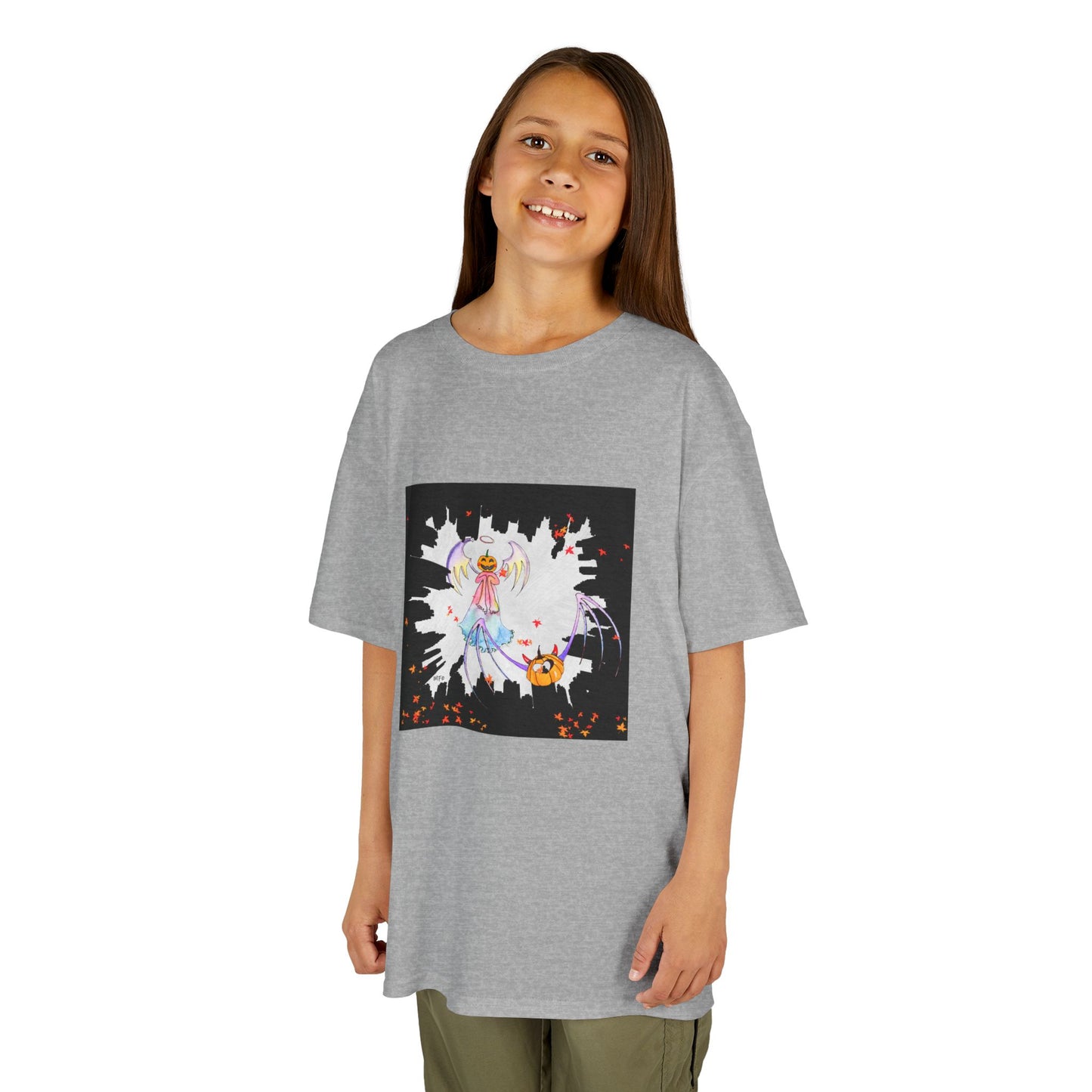 Halloween Angel and Pumpkin Heart Bat - Kids Heavy Cotton™ Tee by artist Marie Frederique