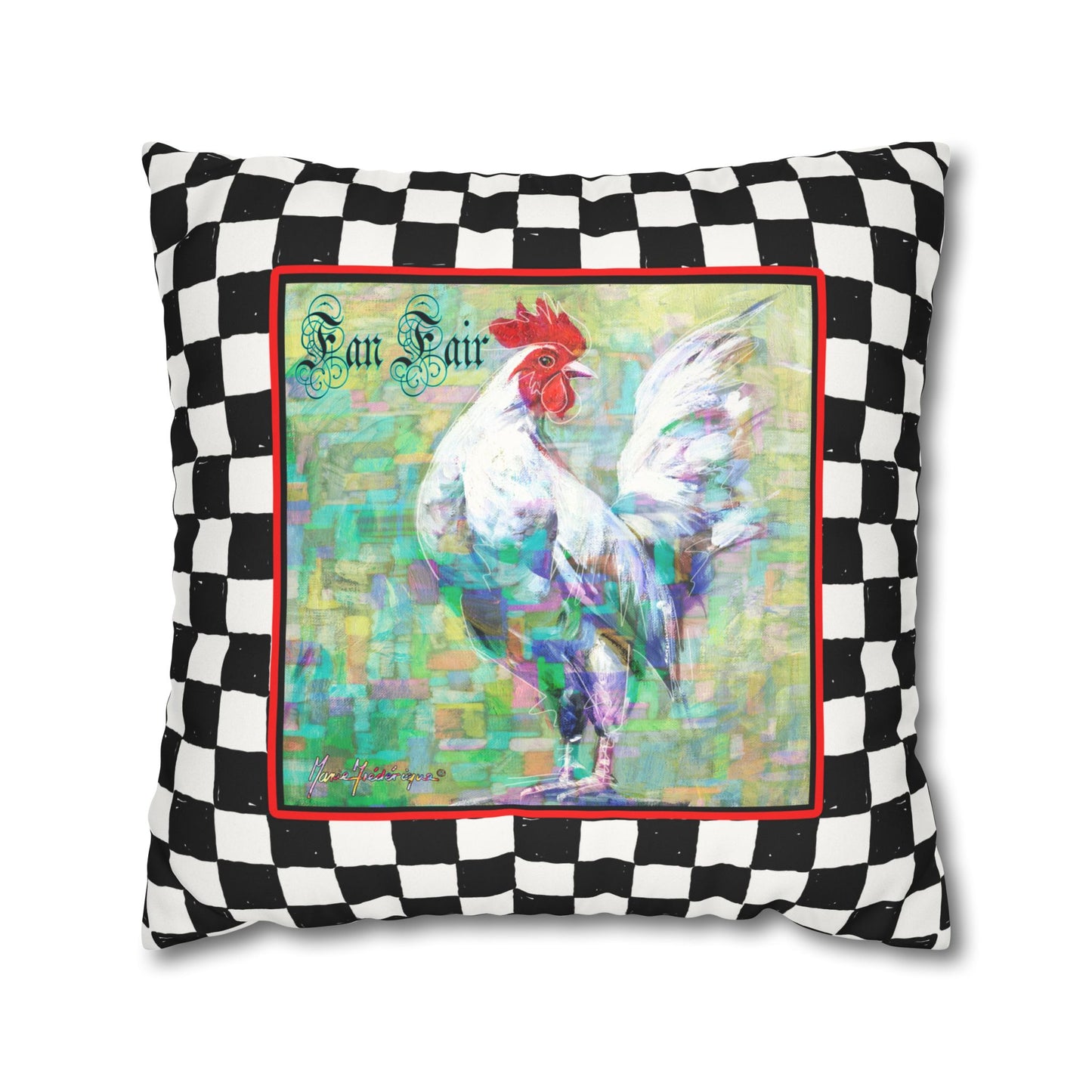 White Rooster Checkered Faux Suede Pillowcase - "Fan Fair" Farmhouse Accent Pillow Cover by artist Marie Frederique