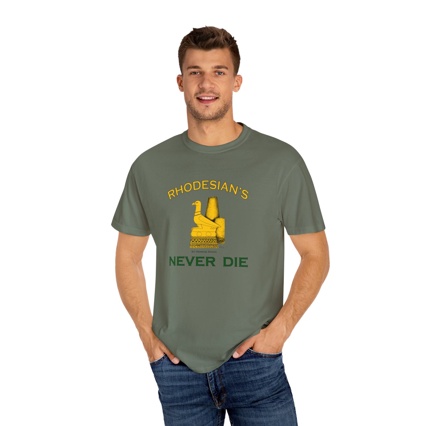 Rhodesian's Never Die, Sit Nomine Digna - Unisex Garment-Dyed T-shirt by artist Marie Frederique