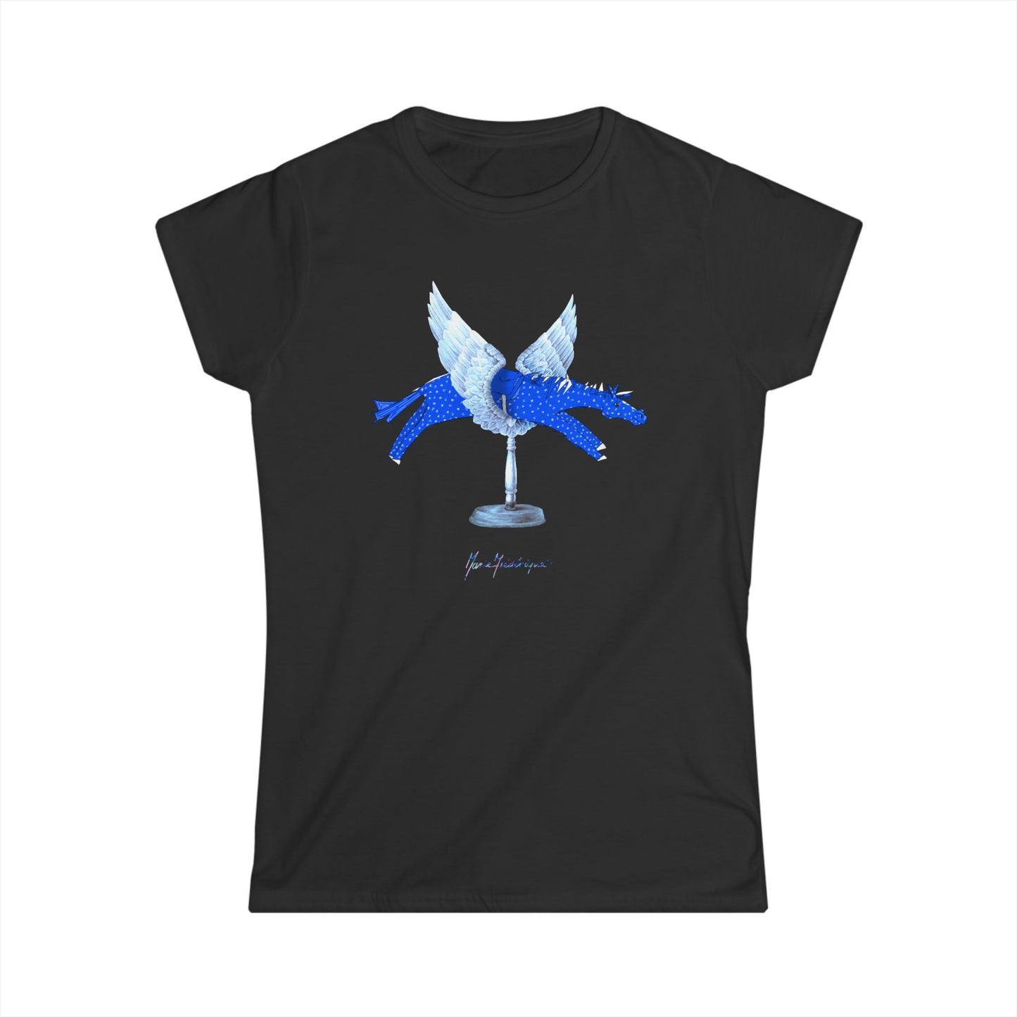 Women's Softstyle Tee - Winged Blue horse by artist Marie Frederique